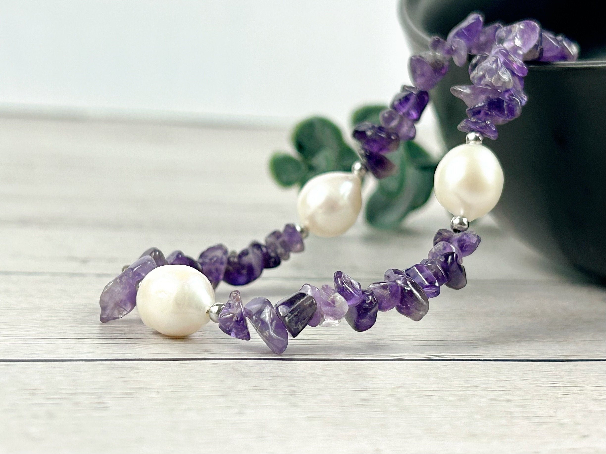 Purple Beaded Necklace, Amethyst Necklace, Choker Necklace, Baroque Pearl Necklace, Gemstone Necklace, Boho Necklace, Gift for her