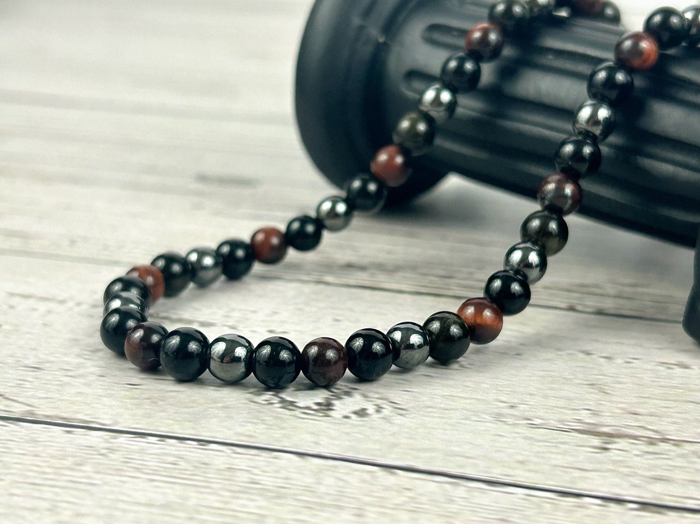 Triple Protection Necklace, Red Tiger Eye, Obsidian, Gemstone Necklace, Hematite, Energy, Healing Crystals, Gift for Her, Gift for Him