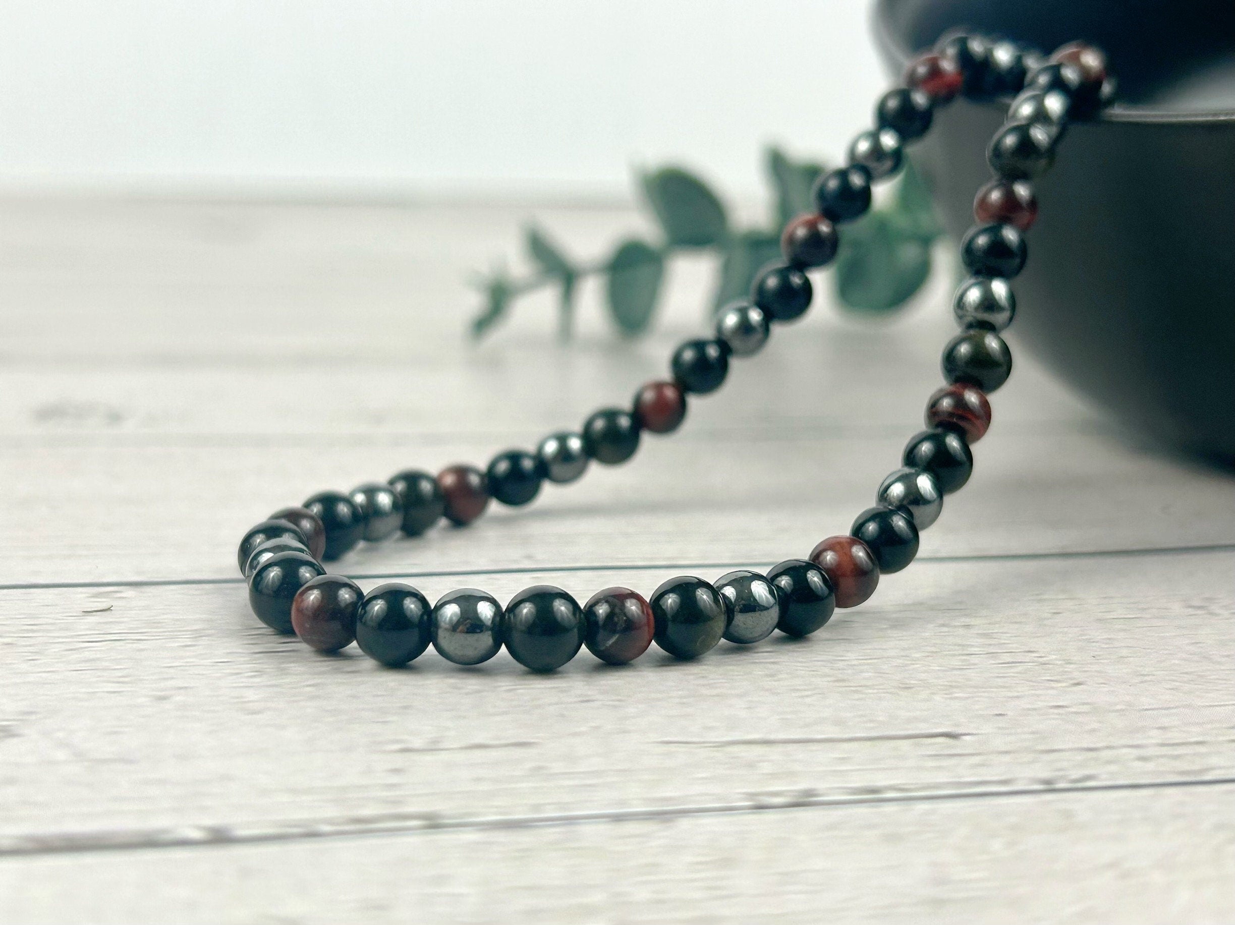 Triple Protection Necklace, Red Tiger Eye, Obsidian, Gemstone Necklace, Hematite, Energy, Healing Crystals, Gift for Her, Gift for Him