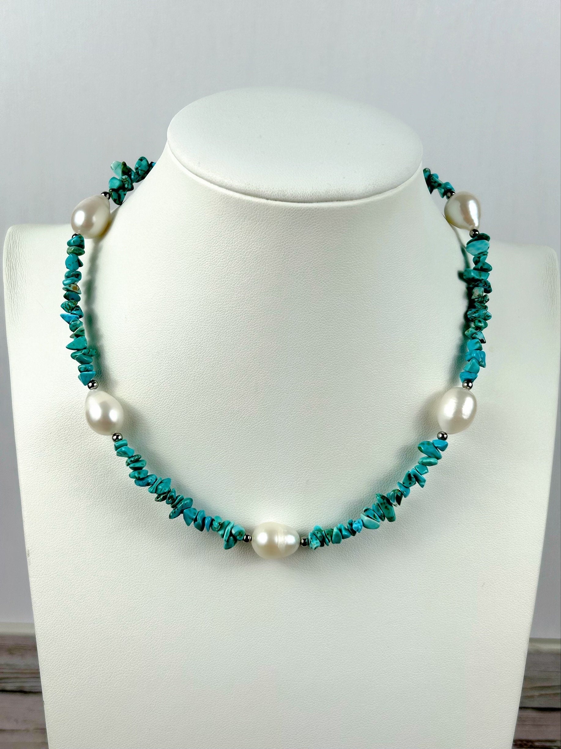 Turquoise Necklace, Choker Necklace, Blue Beaded Necklace, Baroque Pearl Necklace, Gemstone Necklace, Boho Necklace, Gift for her