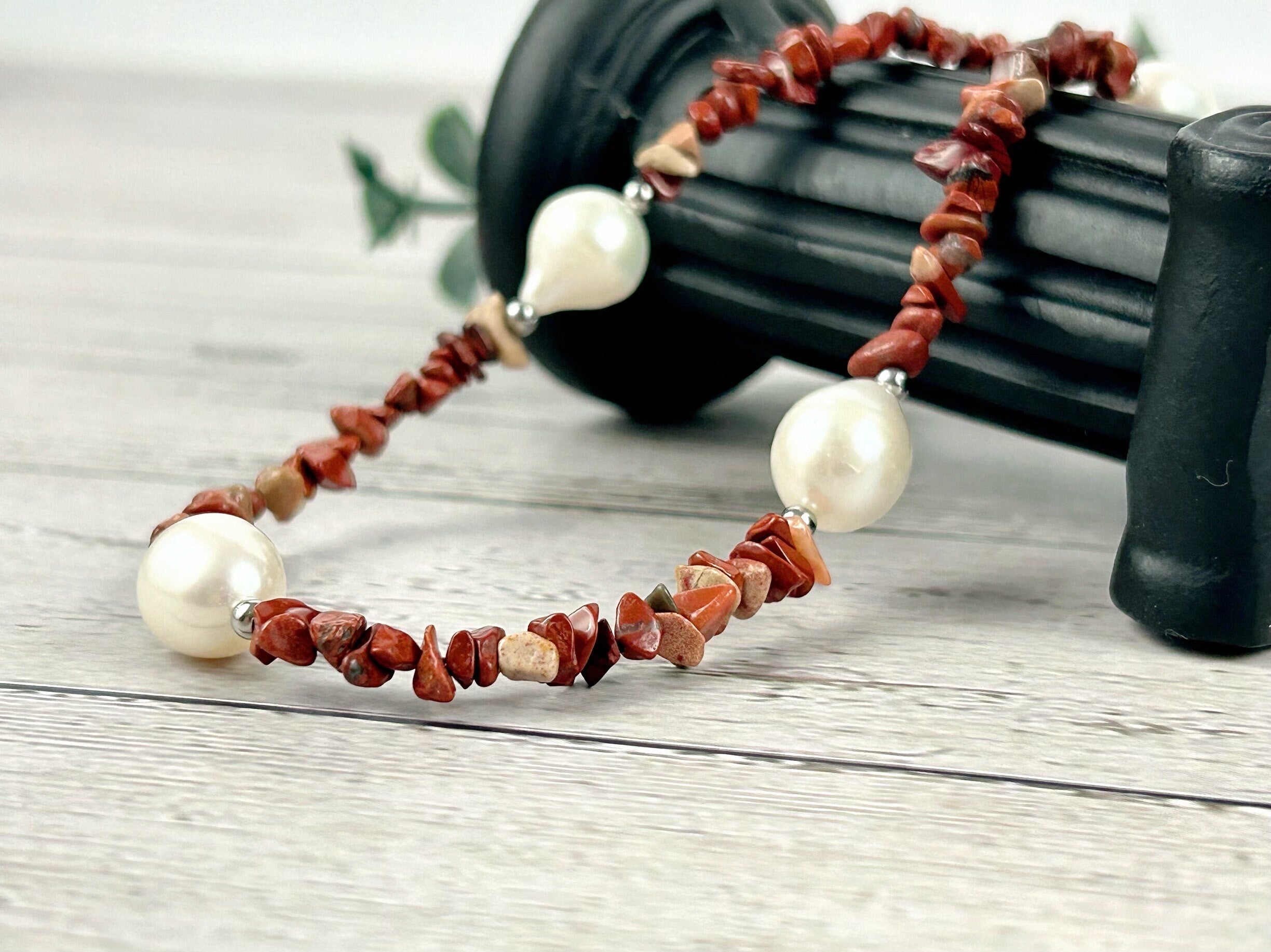 Red Jasper Necklace, Red Beaded Necklace, Choker Necklace, Baroque Pearl Necklace, Gemstone Necklace, Boho Necklace, Gift for her
