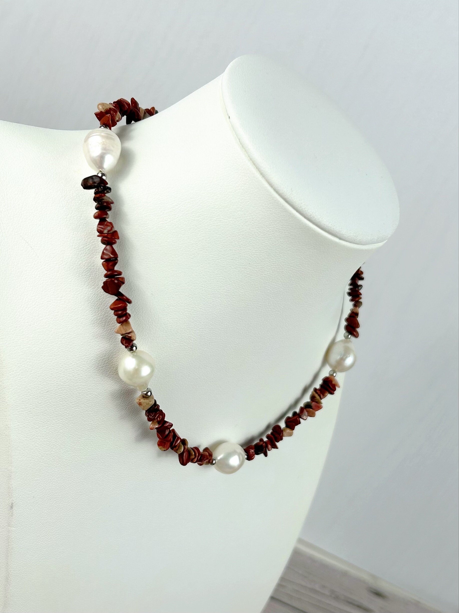 Red Jasper Necklace, Red Beaded Necklace, Choker Necklace, Baroque Pearl Necklace, Gemstone Necklace, Boho Necklace, Gift for her