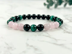 Protection Bracelet, Malachite Bracelet, Black Onyx Bracelet, Rose Quartz Beaded Bracelet, Gemstone Bracelet, Gift for Her, Gift for Him