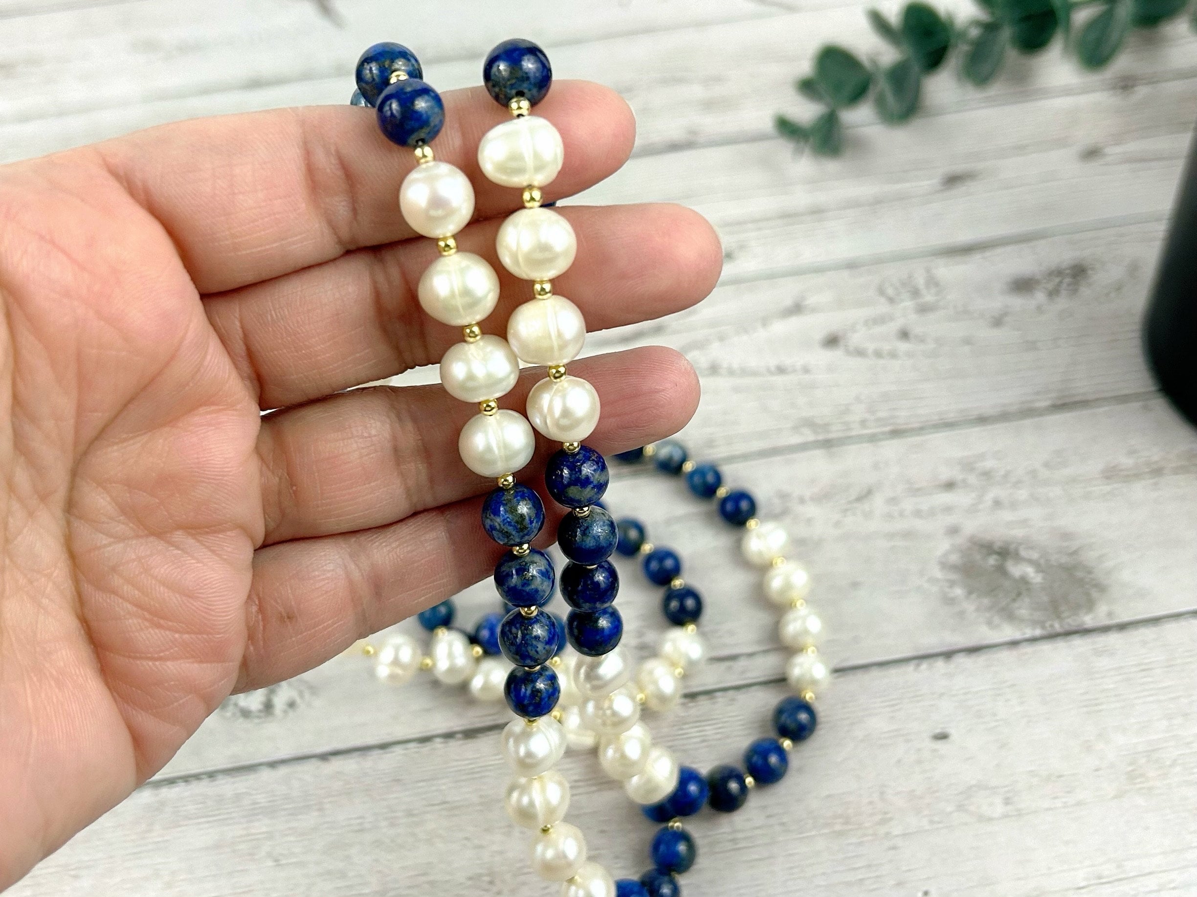 Statement Necklace, Lapis Lazuli Necklace, Multistrand Necklace, Beaded Necklace, Pearl Necklace, Gemstone Necklace,Anniversary Gift for Her