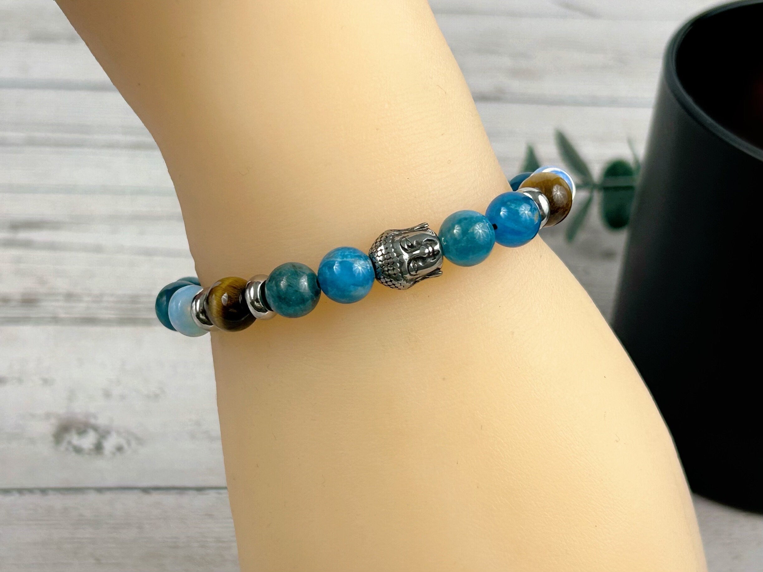 Blue Beaded Bracelet, Tiger Eye Bracelet, Blue Apatite Bracelet, Energy Bracelet, Gemstone Bracelet, Birthday Gift for Her, Gift for Him