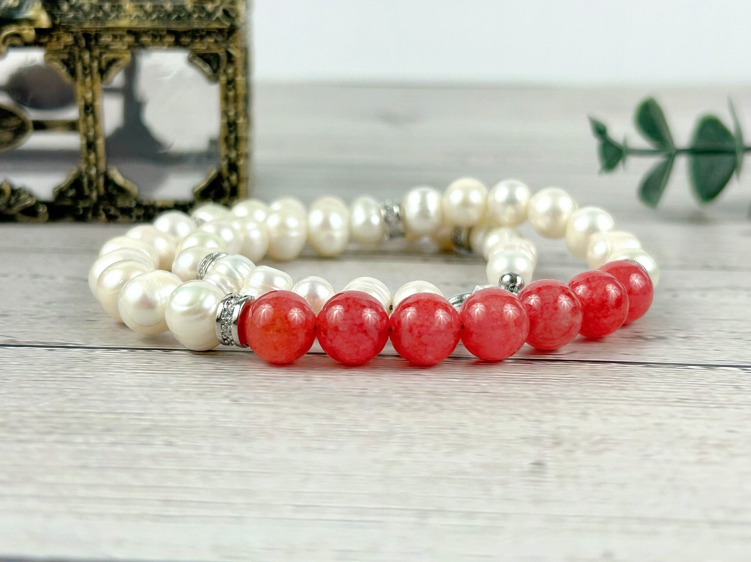 Cherry Quartz Necklace, Freshwater Pearl Necklace, Gift for Her, Choker Necklace, Handmade Jewelry, Gift for Mom, Love Attraction