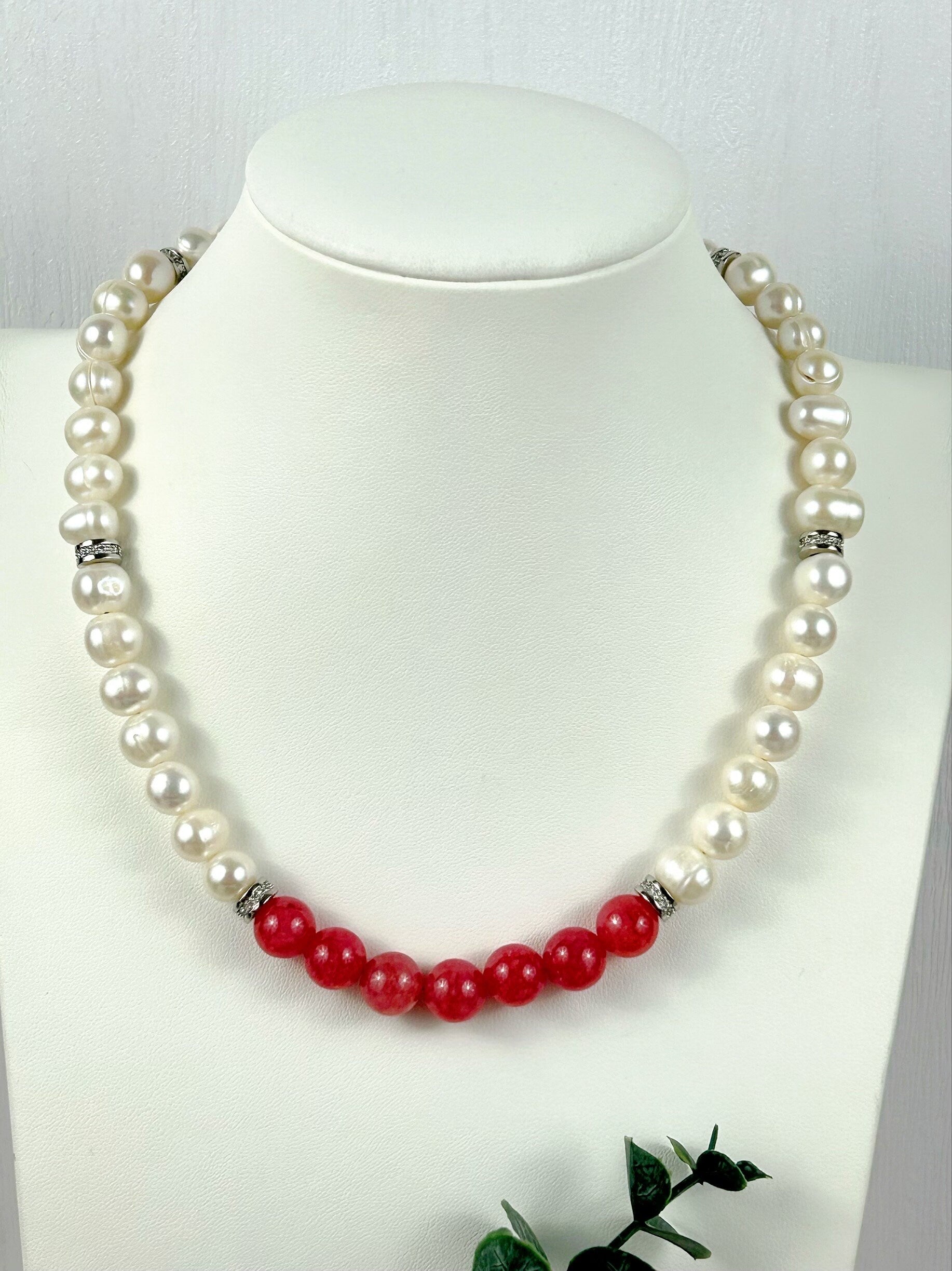 Cherry Quartz Necklace, Freshwater Pearl Necklace, Gift for Her, Choker Necklace, Handmade Jewelry, Gift for Mom, Love Attraction