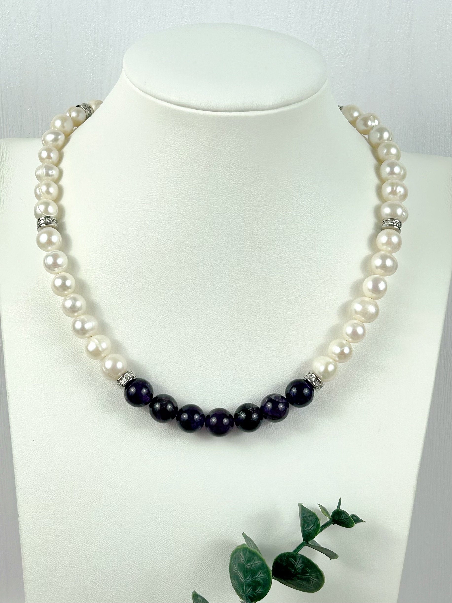 Amethyst Necklace, Freshwater Pearl Necklace, Choker Necklace, Purple Beaded Necklace, Gift for Her, Love Attraction, Pearl Necklace