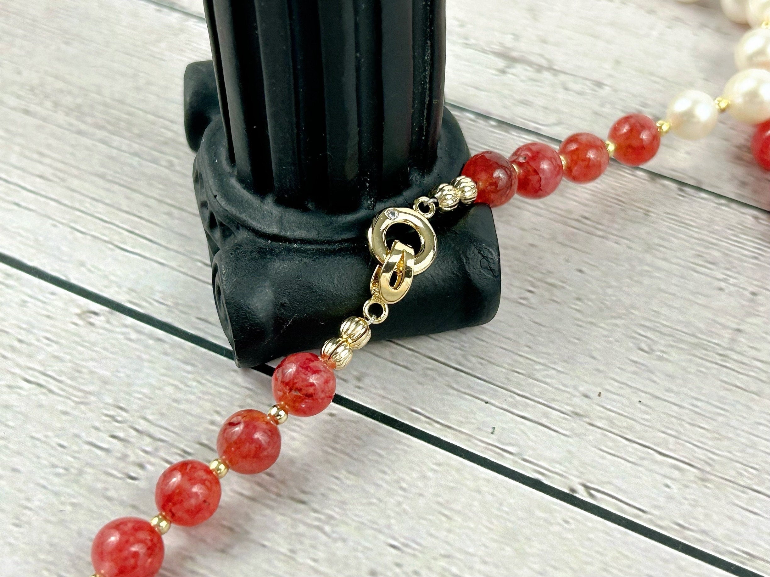 Statement Necklace, Cherry Quartz Necklace, Multistrand Necklace, Pink Beaded Necklace, Pearl Necklace, Gemstone Necklace, Gift for Her