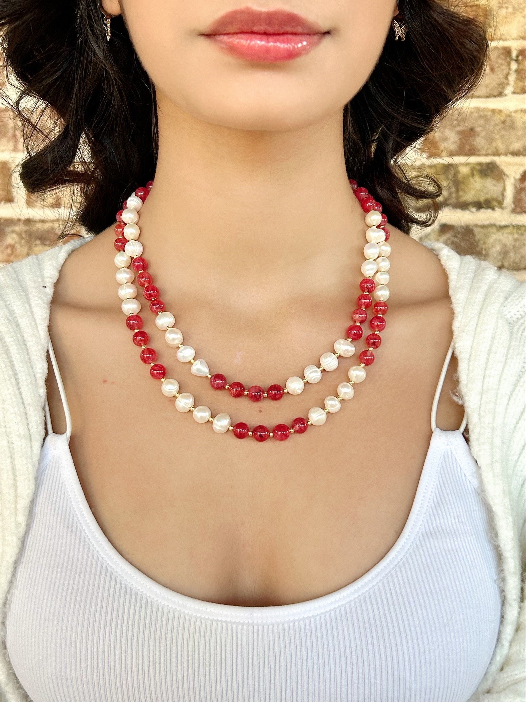 Statement Necklace, Cherry Quartz Necklace, Multistrand Necklace, Pink Beaded Necklace, Pearl Necklace, Gemstone Necklace, Gift for Her