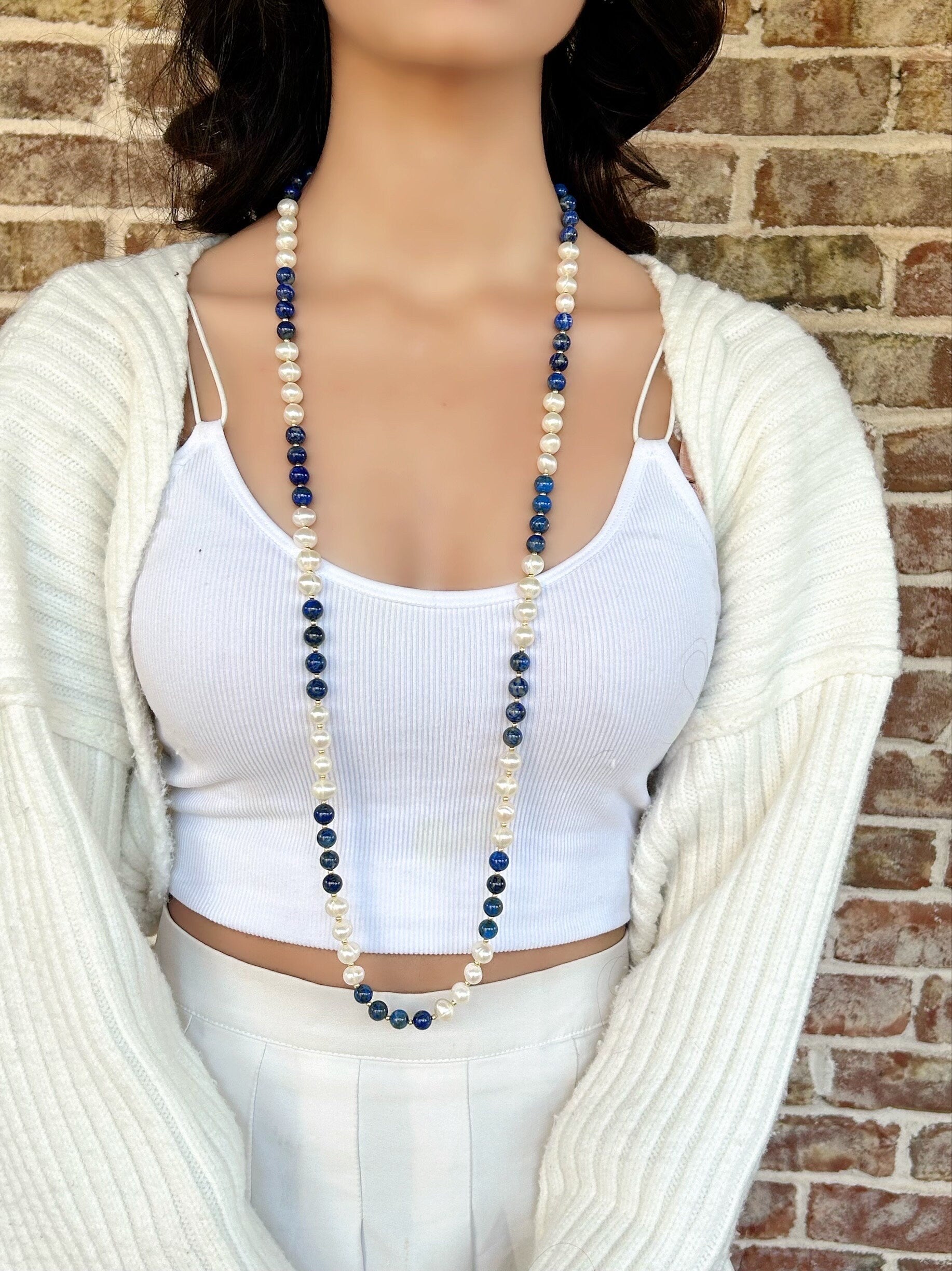 Statement Necklace, Lapis Lazuli Necklace, Multistrand Necklace, Beaded Necklace, Pearl Necklace, Gemstone Necklace,Anniversary Gift for Her