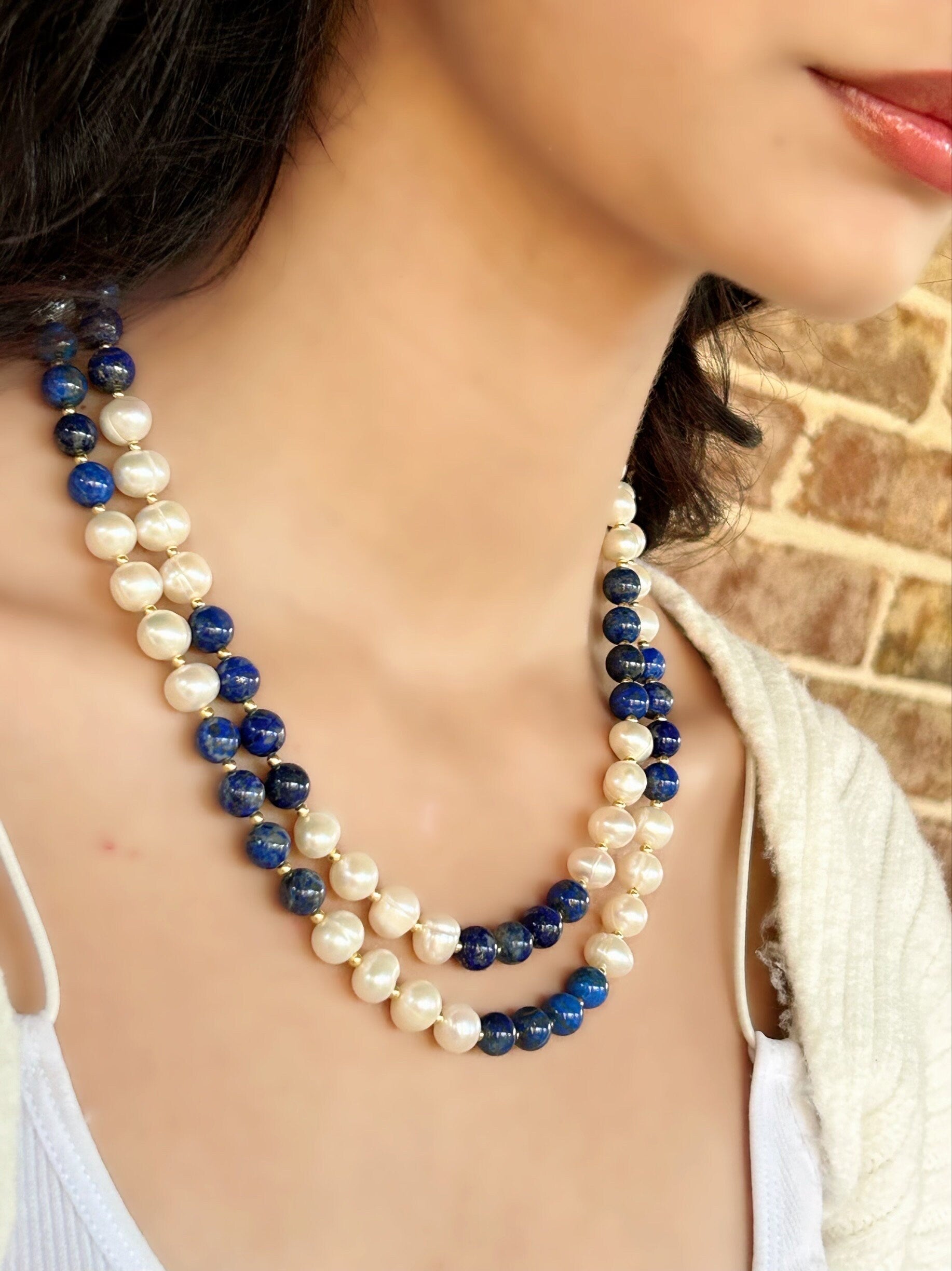 Statement Necklace, Lapis Lazuli Necklace, Multistrand Necklace, Beaded Necklace, Pearl Necklace, Gemstone Necklace,Anniversary Gift for Her