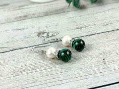 Malachite Earrings, Freshwater Pearl Earrings, Gemstone Earrings, Gift For Her, Handmade Jewelry, Ear Jewelry, Gift for Sister