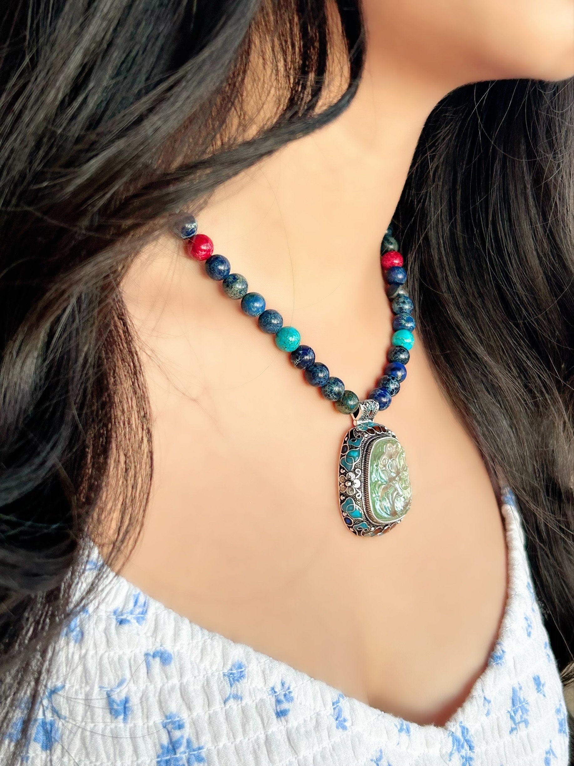 Blue Beaded Statement Necklace, Blue Jasper Gemstone Necklace, Beaded Necklace, Big Pendant Necklace,Handmade Necklace,Birthday Gift for Her