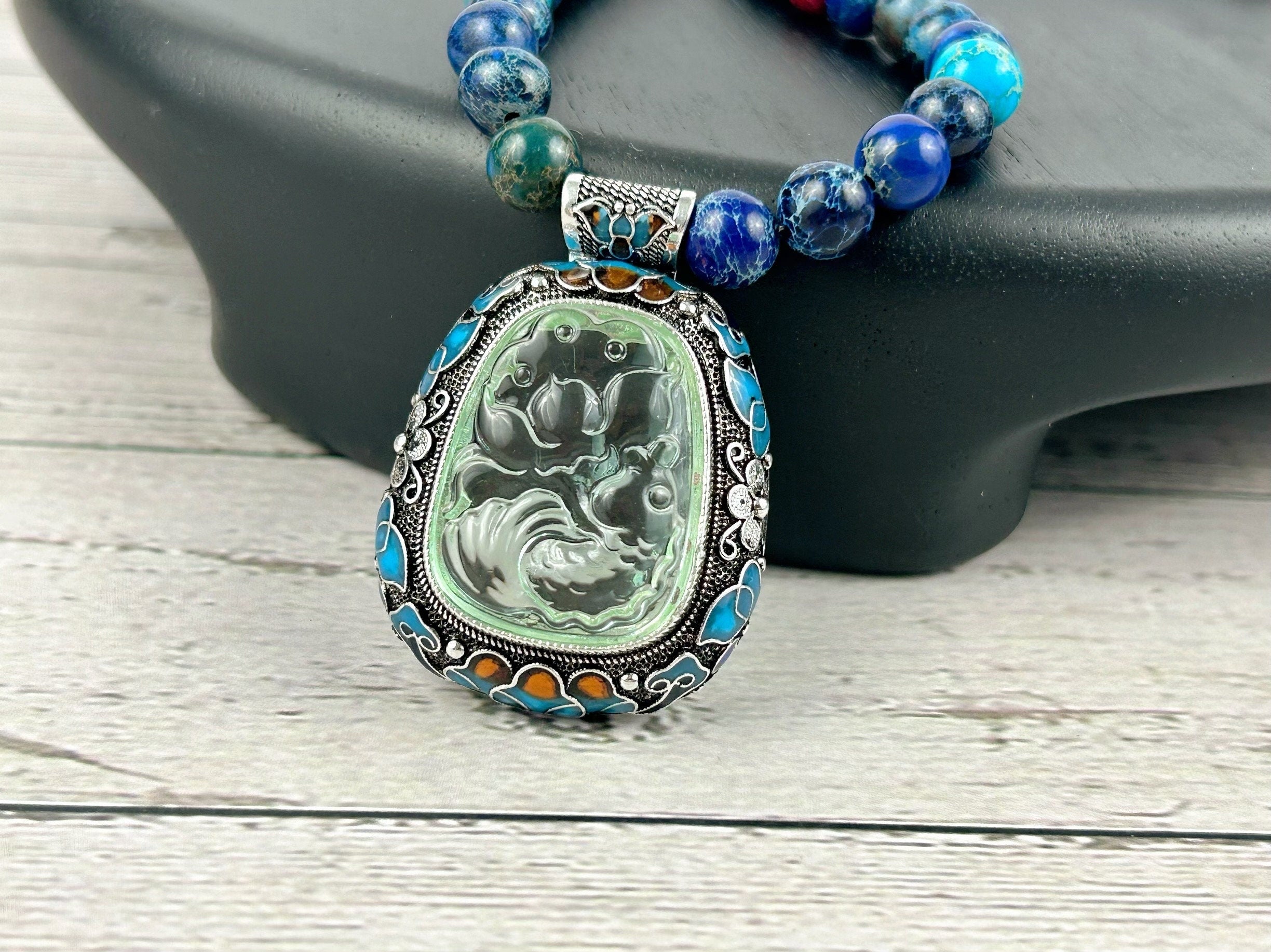 Blue Beaded Statement Necklace, Blue Jasper Gemstone Necklace, Beaded Necklace, Big Pendant Necklace,Handmade Necklace,Birthday Gift for Her