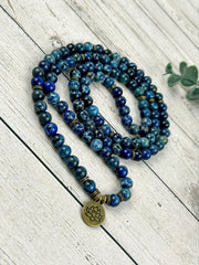 108 Mala Beads Necklace, Blue Jasper Gemstone Necklace, Prayer Beads, Blue Beaded Necklace, Ocean Theme Necklace, Birthday Gift for Her