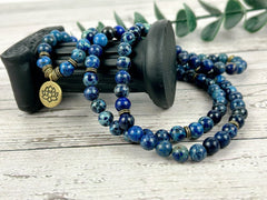 108 Mala Beads Necklace, Blue Jasper Gemstone Necklace, Prayer Beads, Blue Beaded Necklace, Ocean Theme Necklace, Birthday Gift for Her