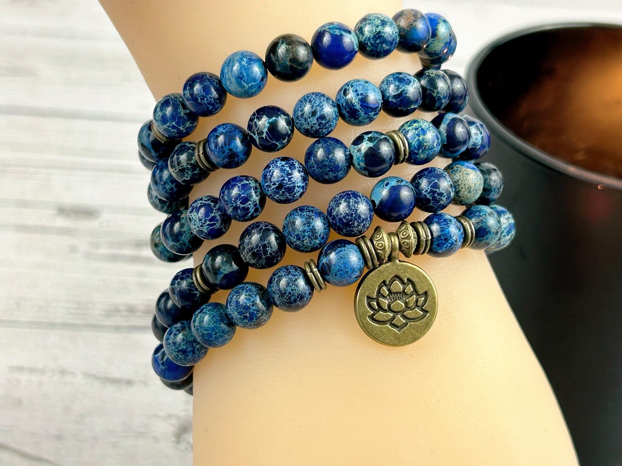 108 Mala Beads Necklace, Blue Jasper Gemstone Necklace, Prayer Beads, Blue Beaded Necklace, Ocean Theme Necklace, Birthday Gift for Her