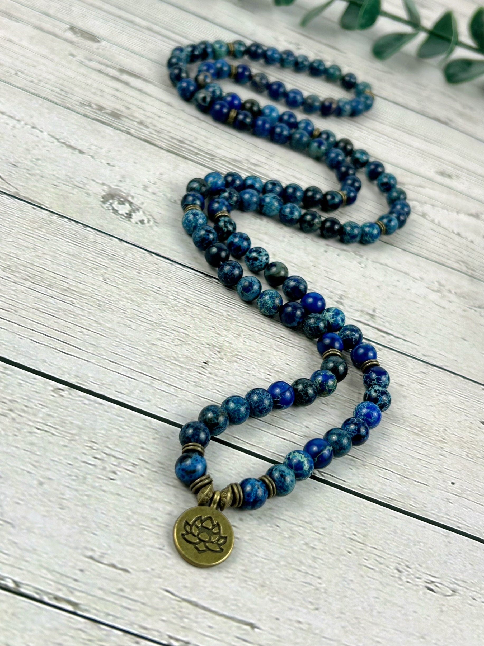 108 Mala Beads Necklace, Blue Jasper Gemstone Necklace, Prayer Beads, Blue Beaded Necklace, Ocean Theme Necklace, Birthday Gift for Her