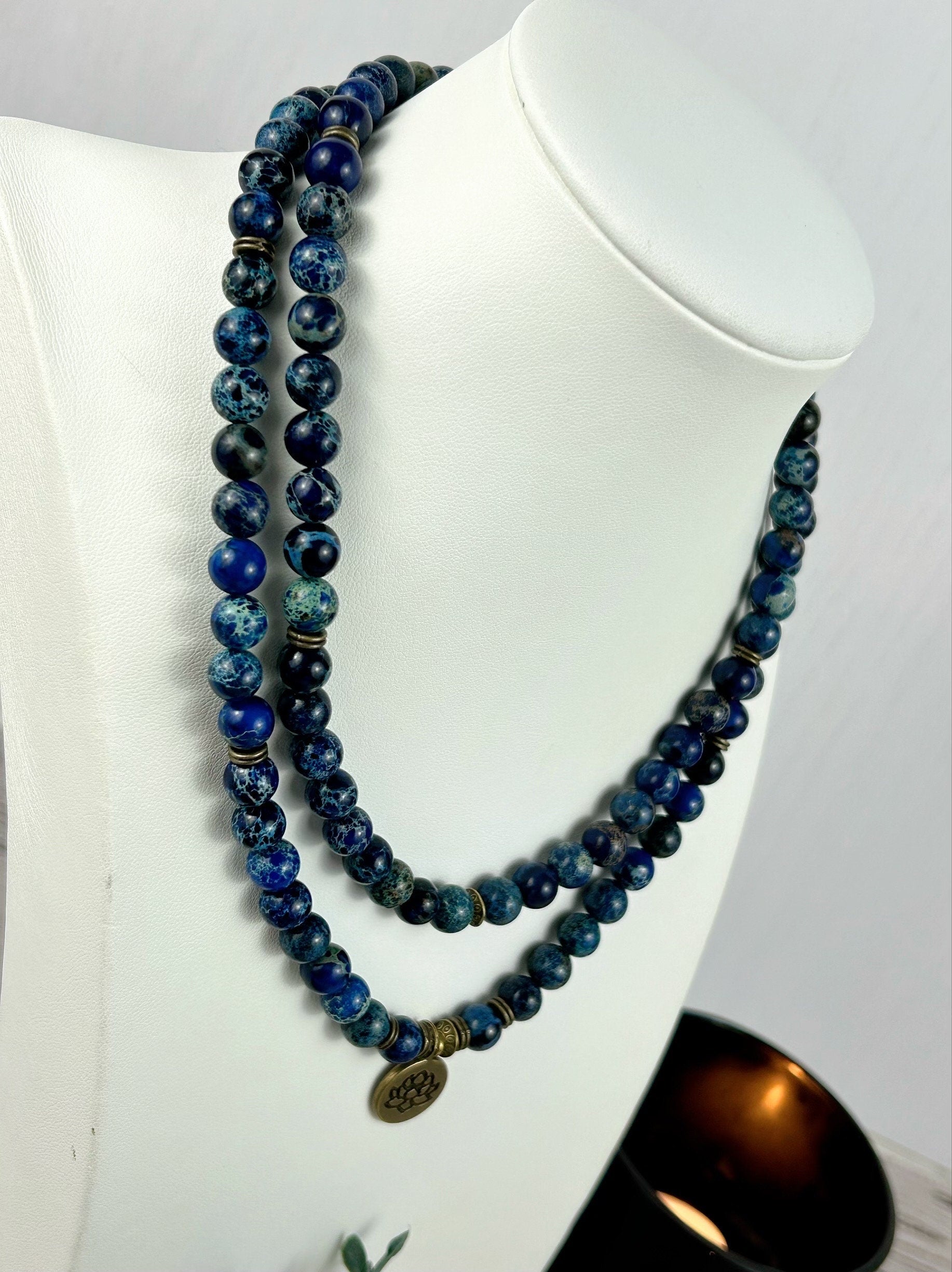 108 Mala Beads Necklace, Blue Jasper Gemstone Necklace, Prayer Beads, Blue Beaded Necklace, Ocean Theme Necklace, Birthday Gift for Her