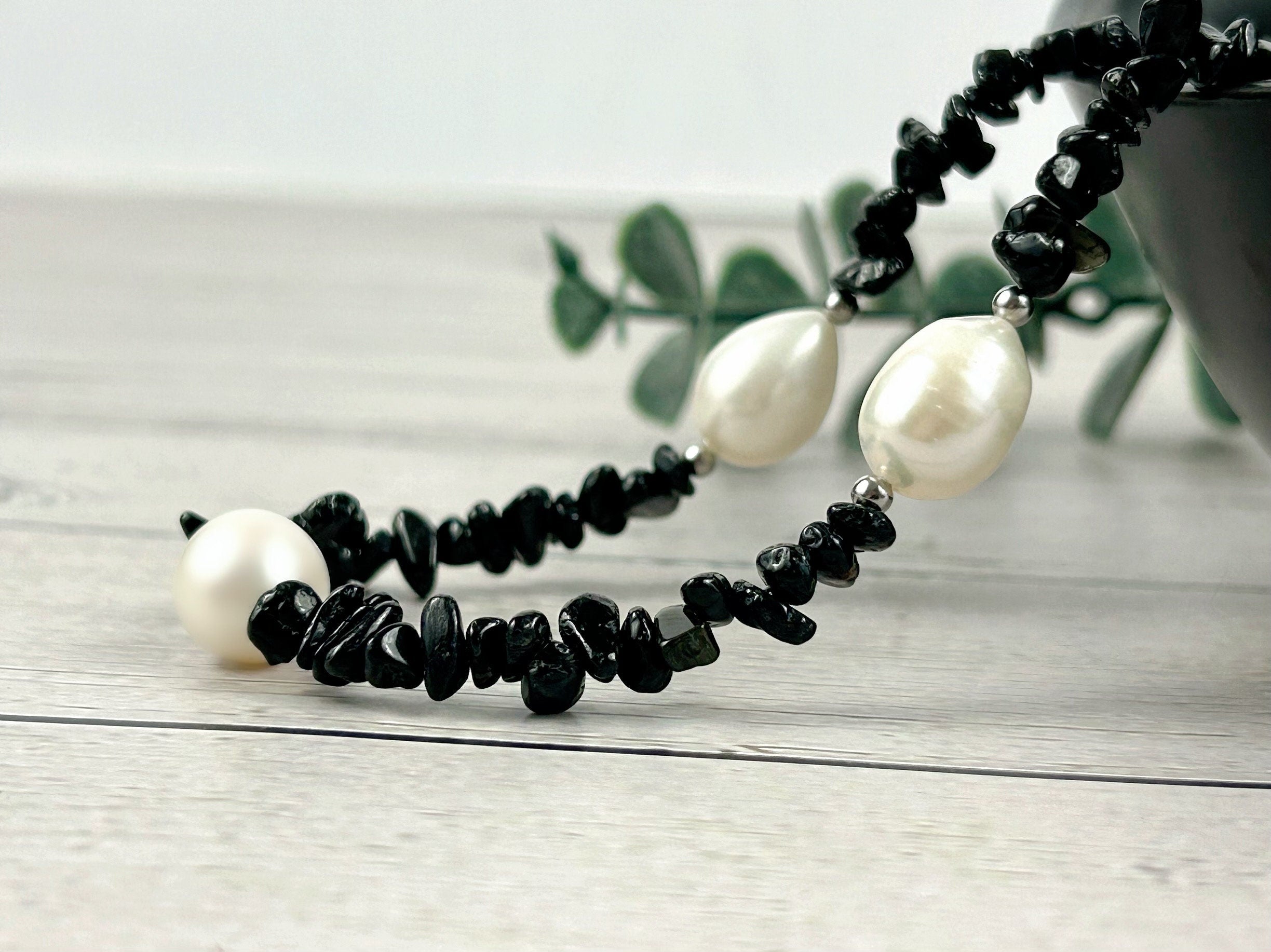 Black Beaded Necklace, Black Tourmaline Necklace, Choker Necklace, Baroque Pearl Necklace, Gemstone Necklace, Boho Necklace, Gift for her