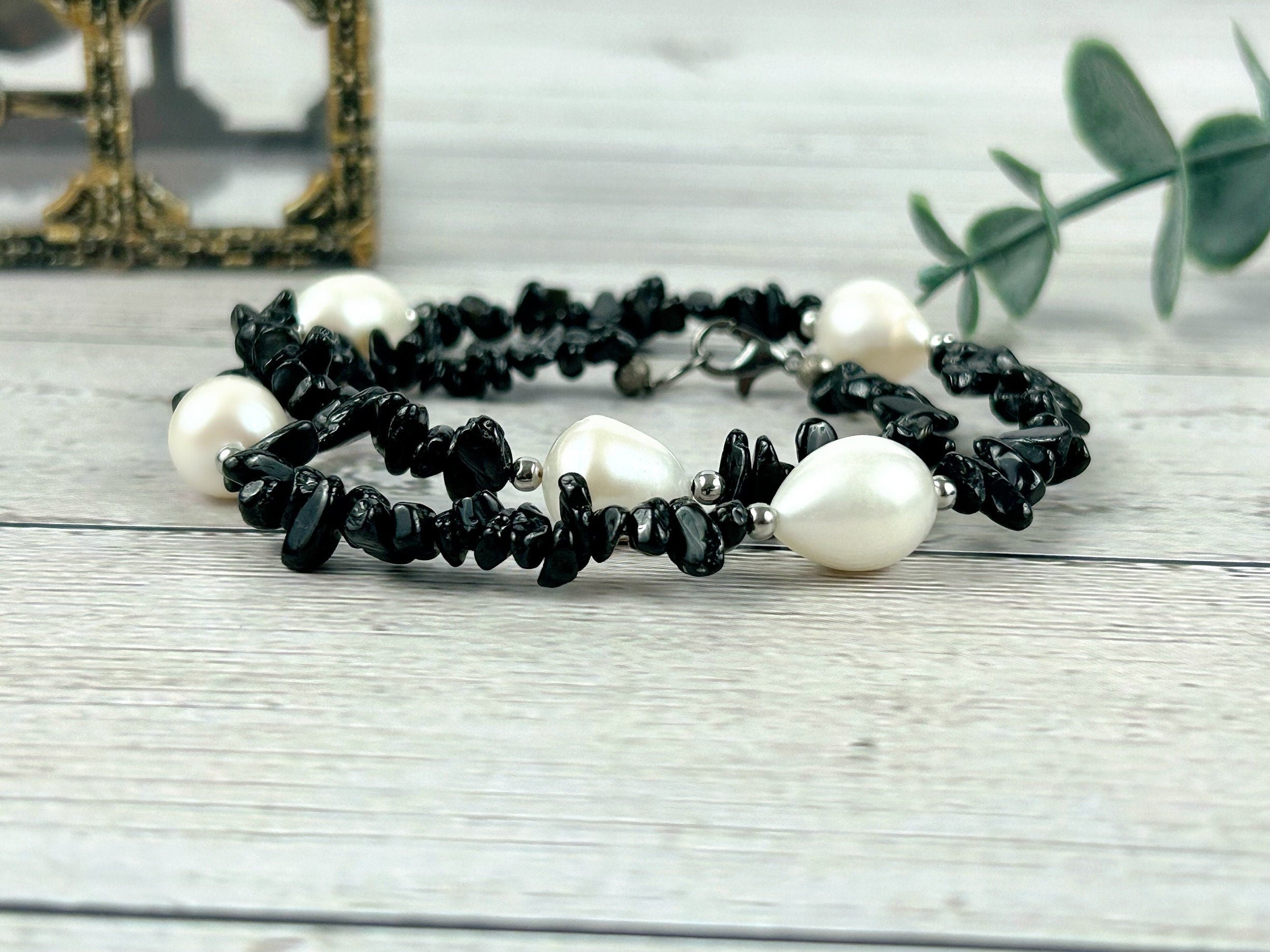 Black Beaded Necklace, Black Tourmaline Necklace, Choker Necklace, Baroque Pearl Necklace, Gemstone Necklace, Boho Necklace, Gift for her