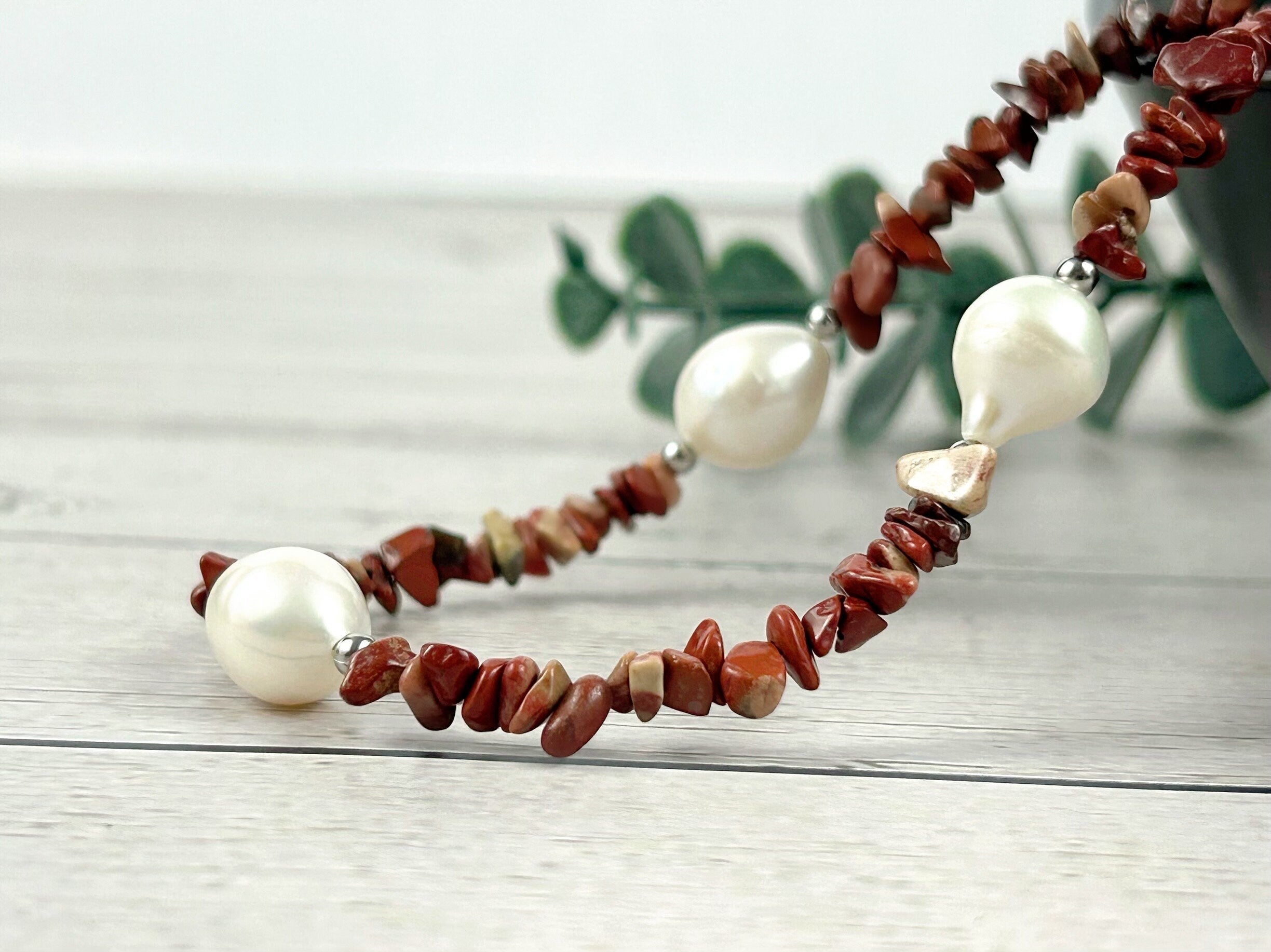 Red Jasper Necklace, Red Beaded Necklace, Choker Necklace, Baroque Pearl Necklace, Gemstone Necklace, Boho Necklace, Gift for her