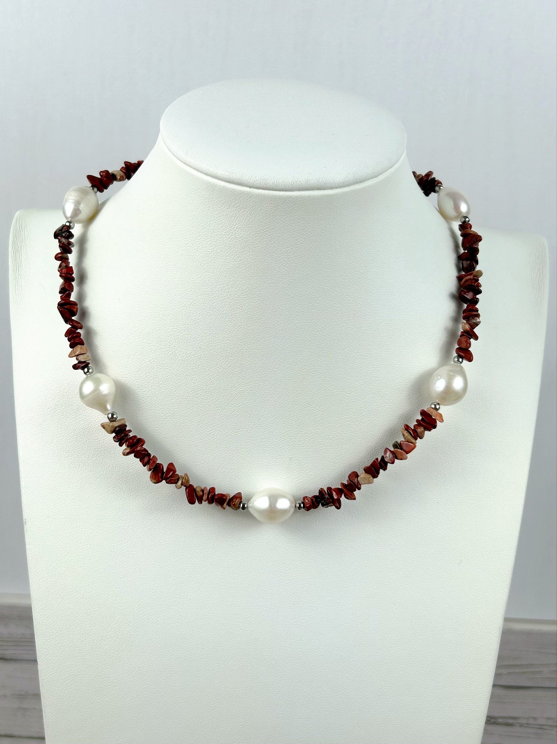Red Jasper Necklace, Red Beaded Necklace, Choker Necklace, Baroque Pearl Necklace, Gemstone Necklace, Boho Necklace, Gift for her