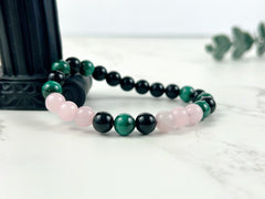 Protection Bracelet, Malachite Bracelet, Black Onyx Bracelet, Rose Quartz Beaded Bracelet, Gemstone Bracelet, Gift for Her, Gift for Him