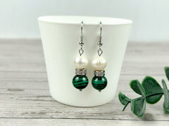 Malachite Earrings, Freshwater Pearl Earrings, Gemstone Earrings, Gift For Her, Handmade Jewelry, Ear Jewelry, Gift for Sister