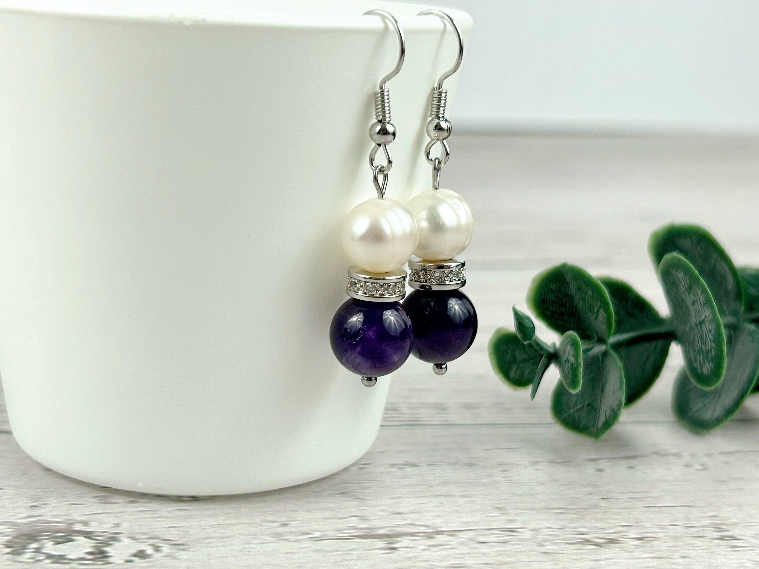 Amethyst Earrings, Freshwater Pearl Earrings, Purple Beaded, Gemstone Earrings, Gift For Her, Handmade Jewelry, Ear Jewelry, Gift for Sister