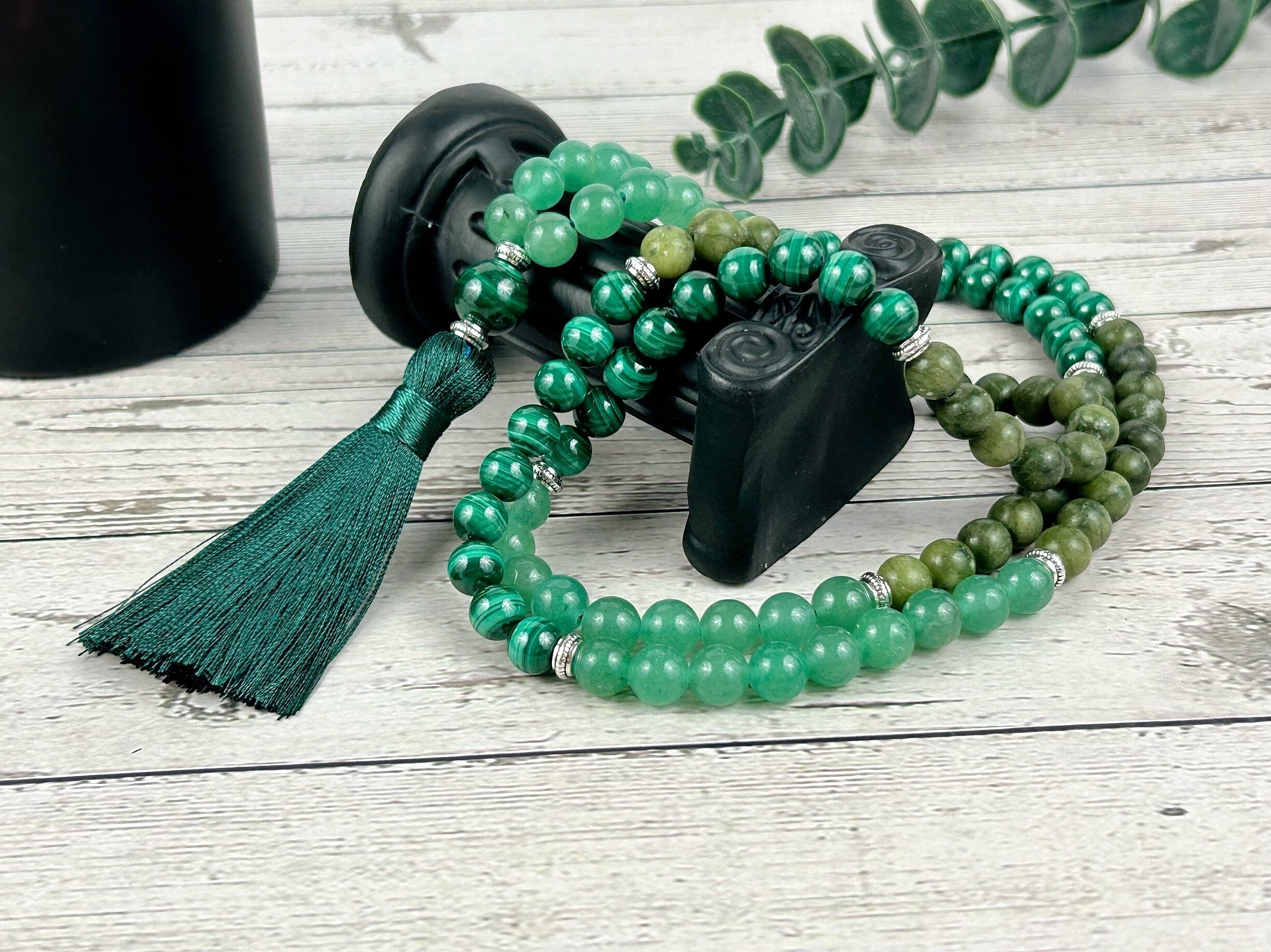 Green Beaded 108 Mala Necklace, Japa Mala, Prayer Beads Necklace, Green Jade Mala, Malachite, Green Aventurine Mala, Meditation Necklace