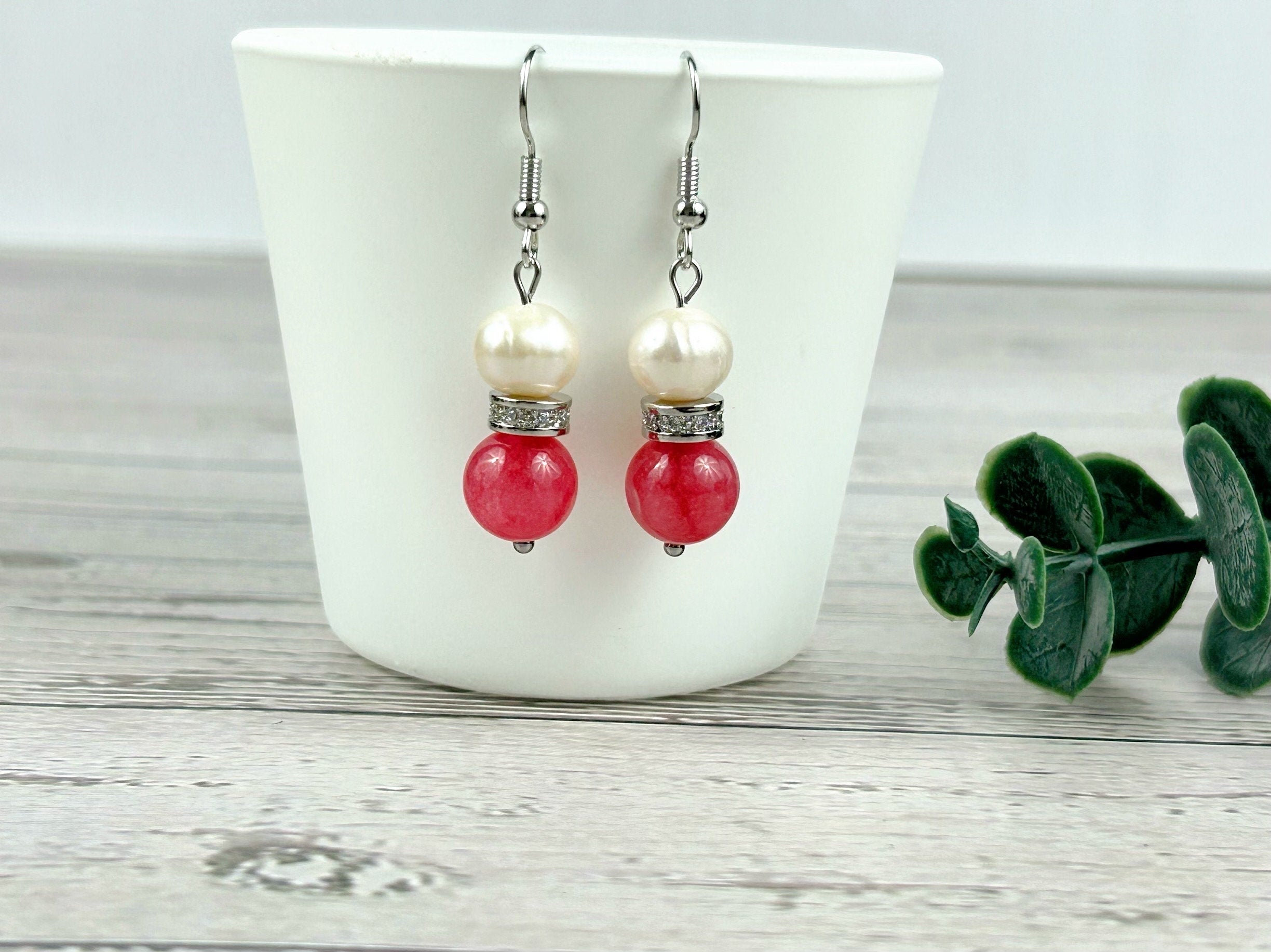 Cherry Quartz Earrings, Freshwater Pearl Earrings, Pink Beaded Earrings, Gemstone Earrings, Gift For Her, Handmade Jewelry, Gift for Mom