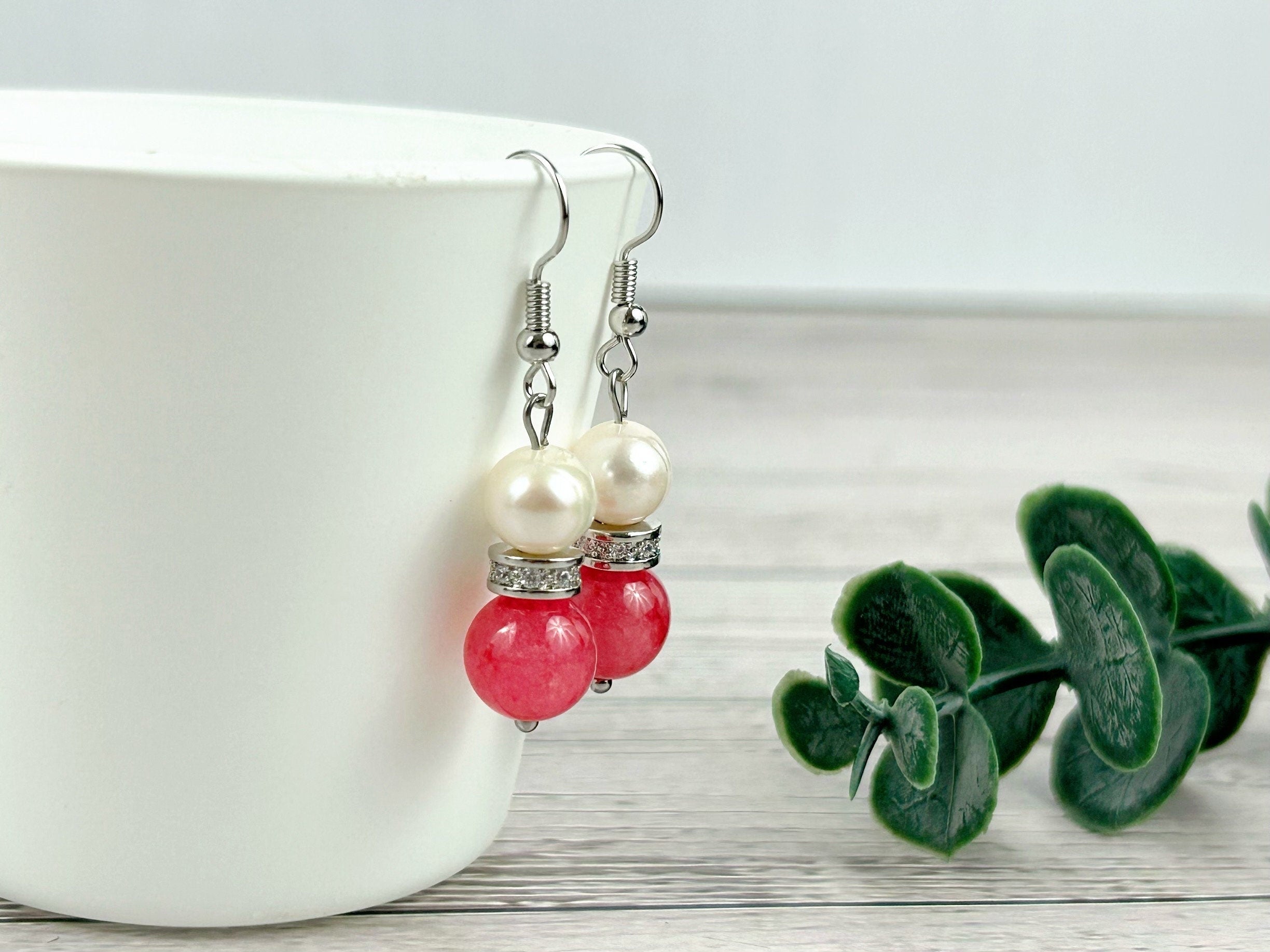Cherry Quartz Earrings, Freshwater Pearl Earrings, Pink Beaded Earrings, Gemstone Earrings, Gift For Her, Handmade Jewelry, Gift for Mom
