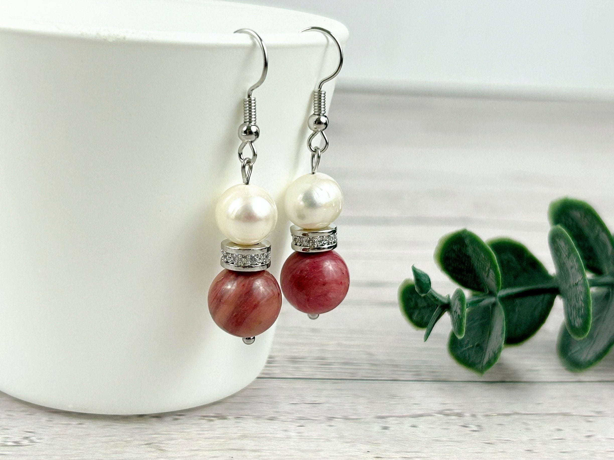 Pink Beaded Earrings, Rhodochrosite Earrings, Freshwater Pearl Earrings, Gemstone Earrings, Gift For Her, Handmade Jewelry, Gift for Mom