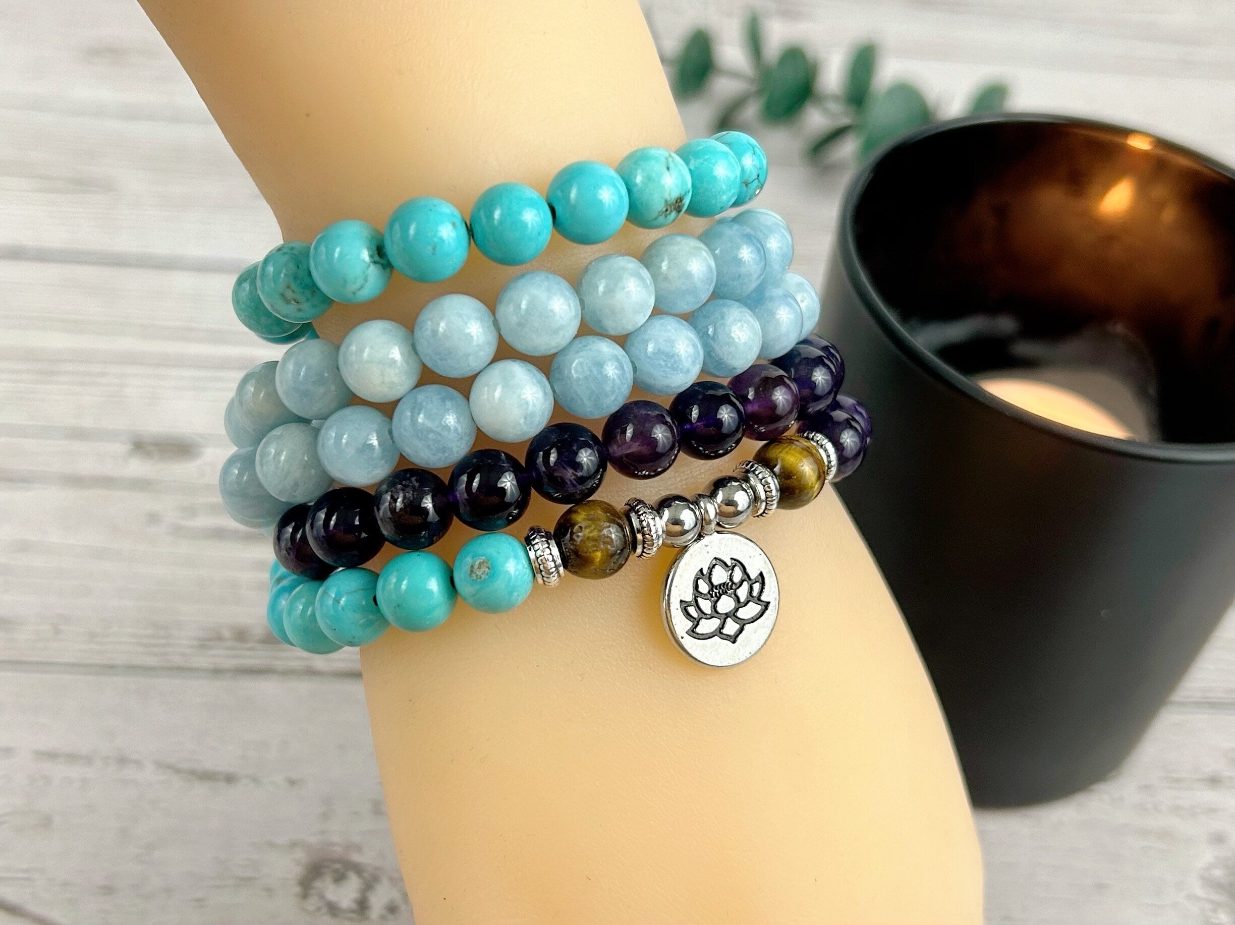 108 Mala Beads Necklace, Aquamarine Necklace, Turquoise Prayer Beads Necklace, 108 Mala Beads Bracelet, Amethyst Meditation Necklace