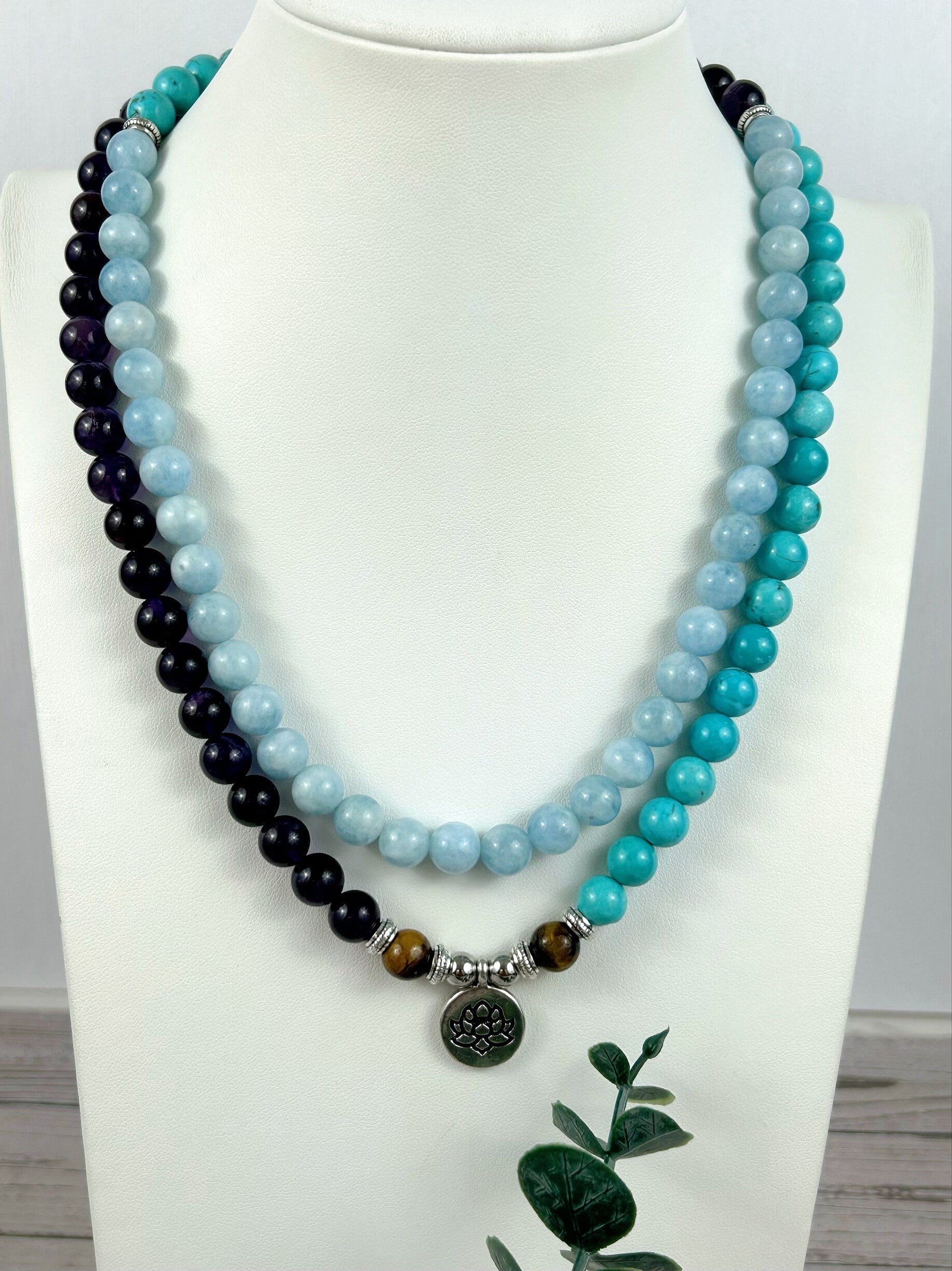 108 Mala Beads Necklace, Aquamarine Necklace, Turquoise Prayer Beads Necklace, 108 Mala Beads Bracelet, Amethyst Meditation Necklace