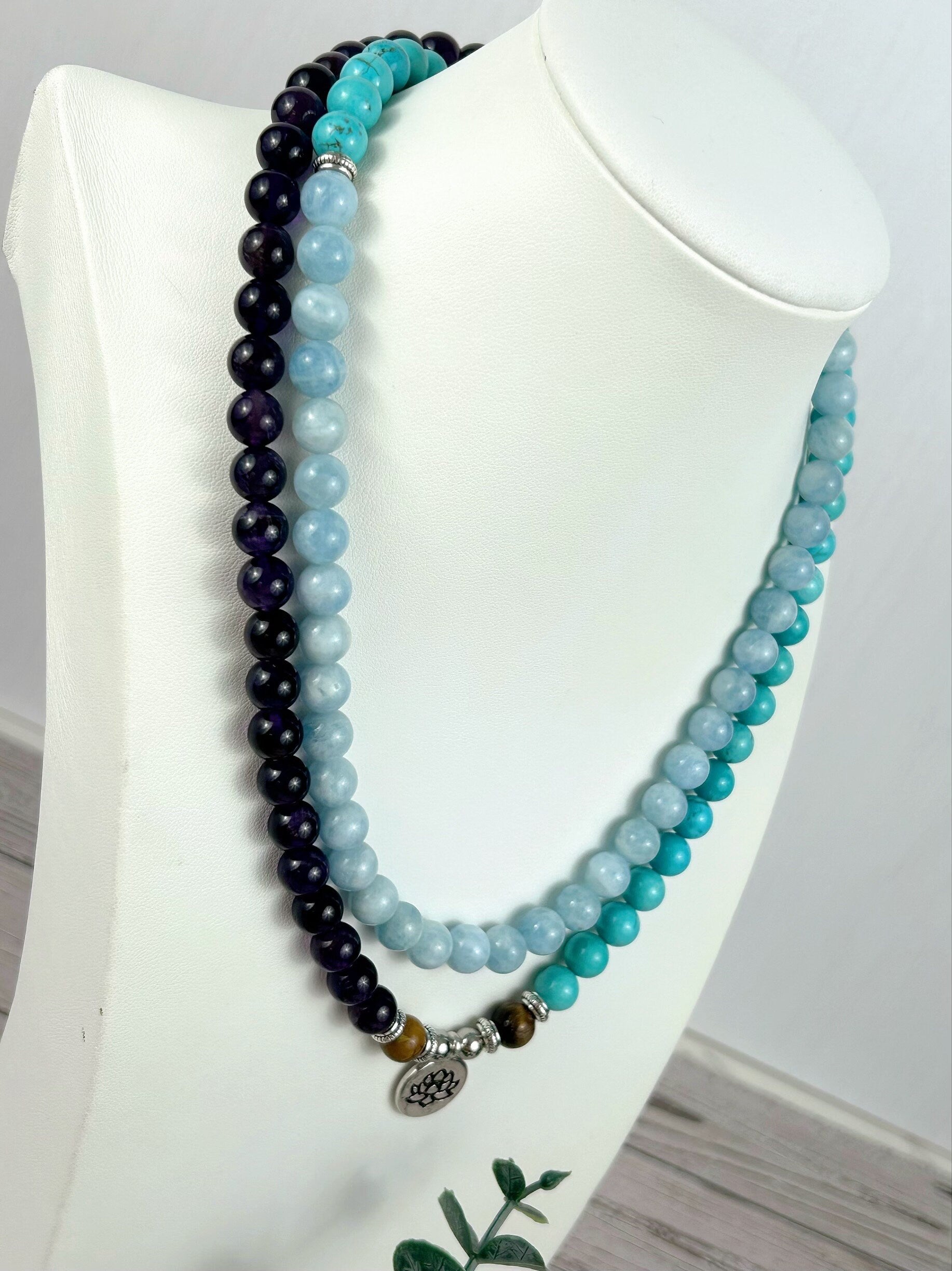 108 Mala Beads Necklace, Aquamarine Necklace, Turquoise Prayer Beads Necklace, 108 Mala Beads Bracelet, Amethyst Meditation Necklace