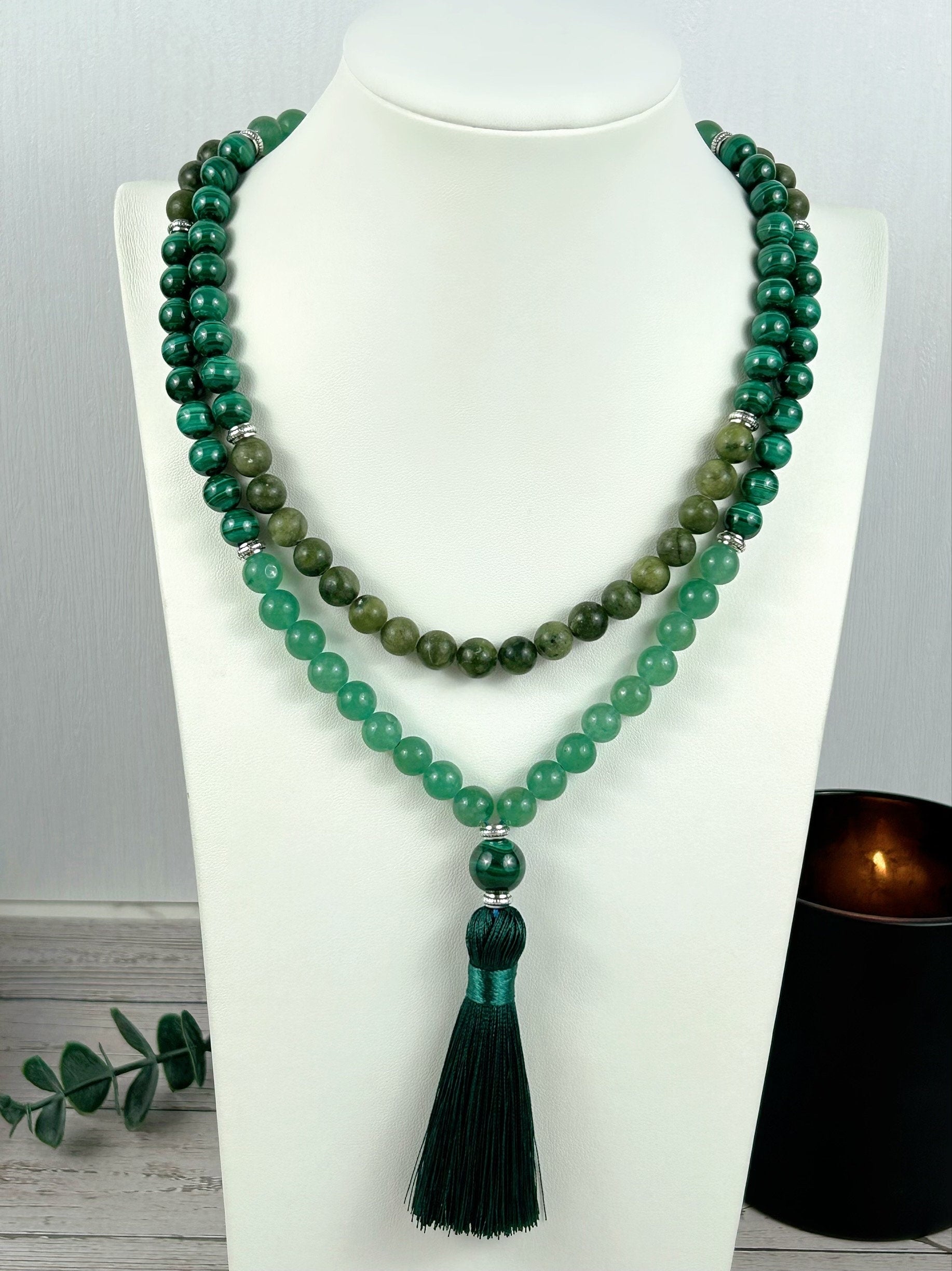 Green Beaded 108 Mala Necklace, Japa Mala, Prayer Beads Necklace, Green Jade Mala, Malachite, Green Aventurine Mala, Meditation Necklace