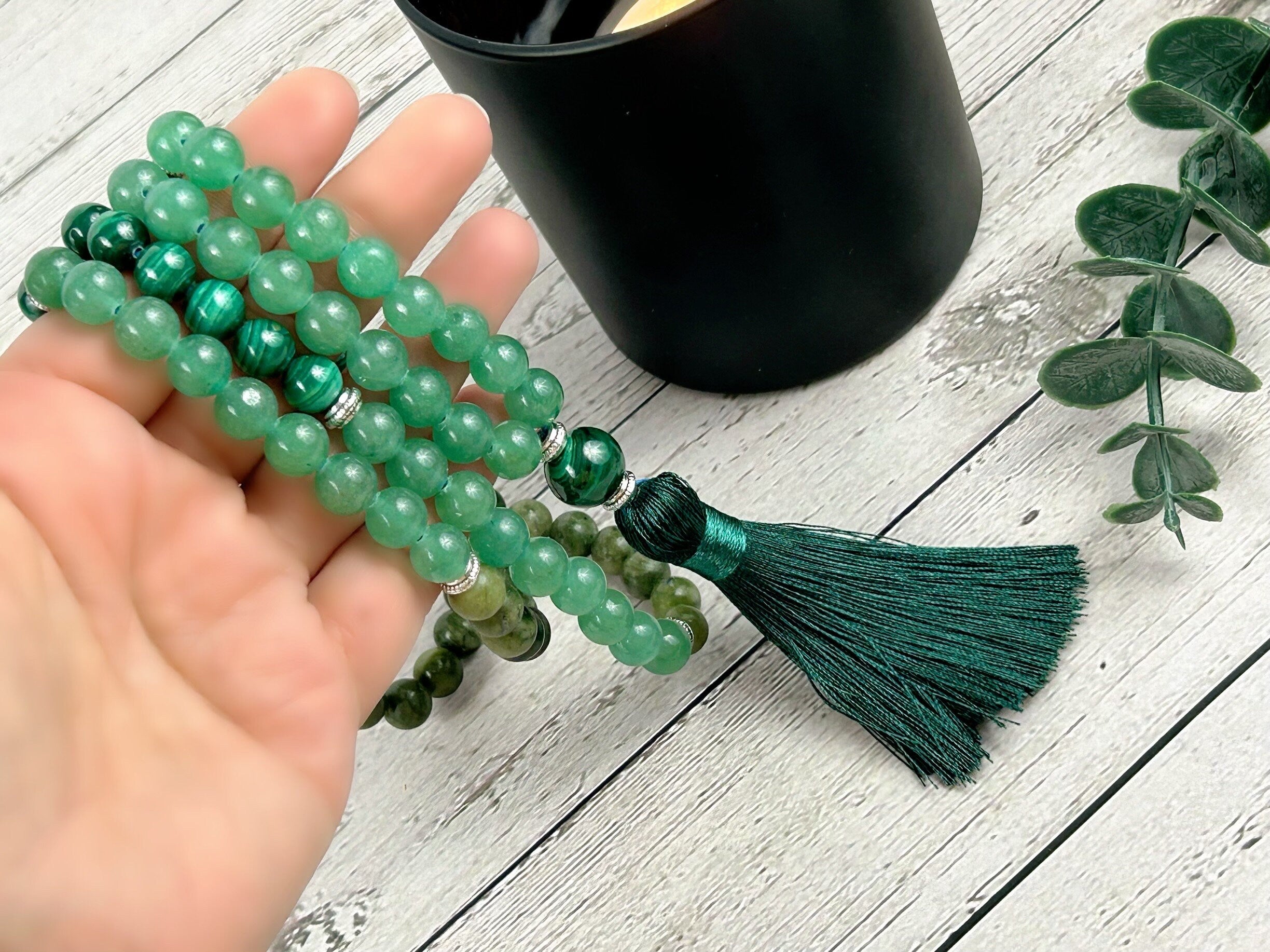 Green Beaded 108 Mala Necklace, Japa Mala, Prayer Beads Necklace, Green Jade Mala, Malachite, Green Aventurine Mala, Meditation Necklace
