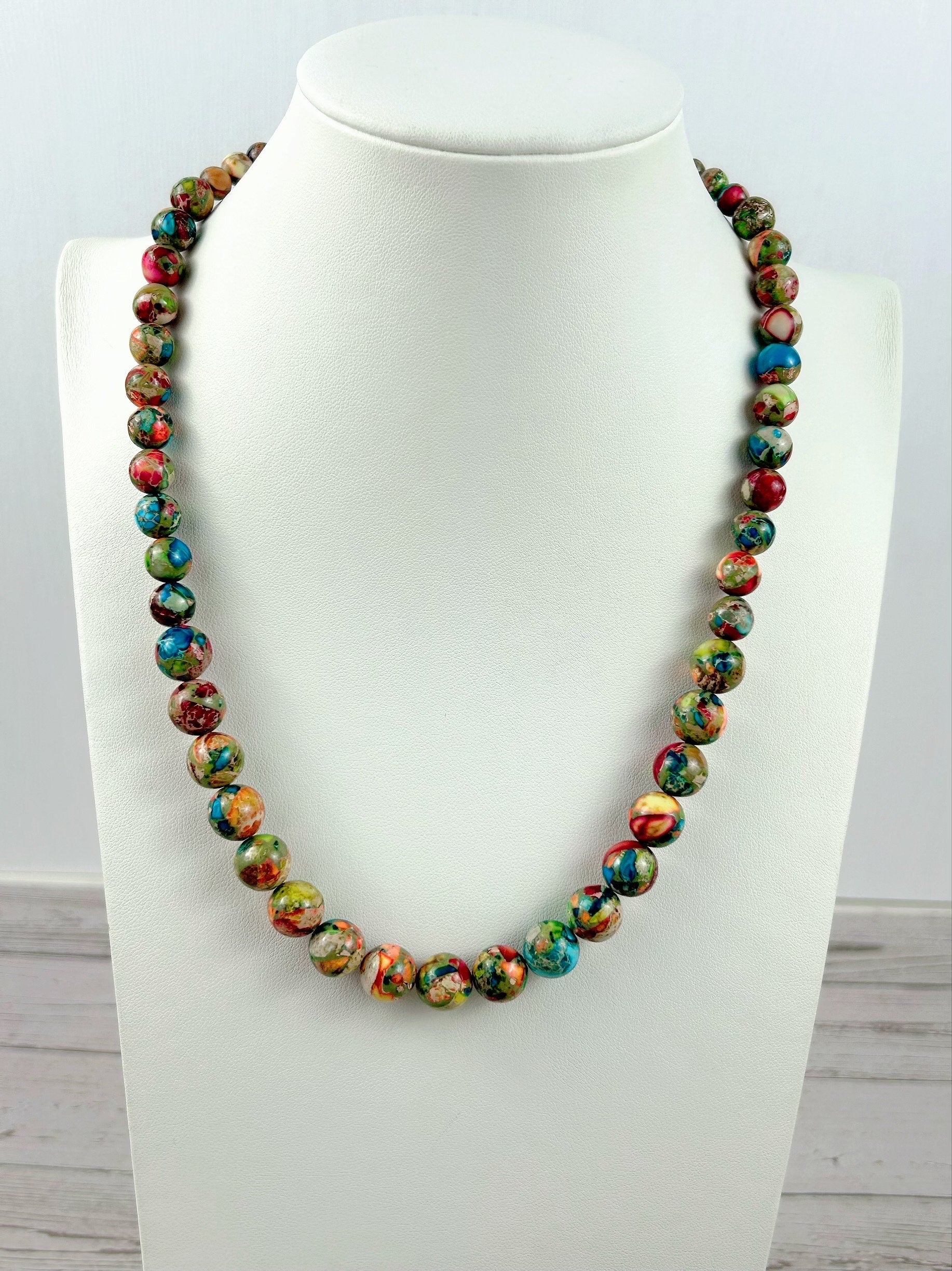 Imperial Jasper Necklace, Multicolor Beaded Necklace, Natural Stone Necklace, Necklace Gift for Her, Gemstones Jewelry, Vibrant Necklace