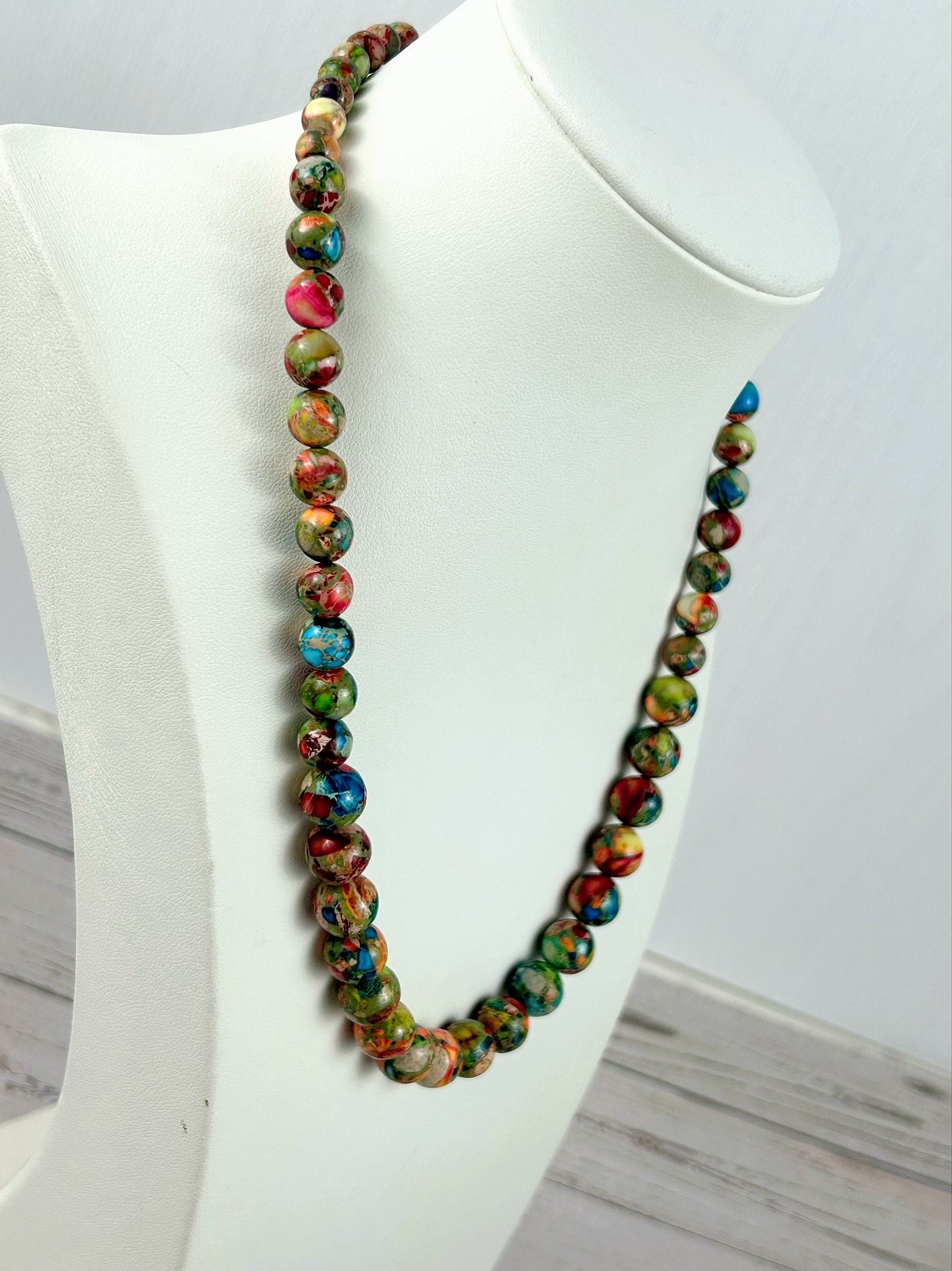 Imperial Jasper Necklace, Multicolor Beaded Necklace, Natural Stone Necklace, Necklace Gift for Her, Gemstones Jewelry, Vibrant Necklace