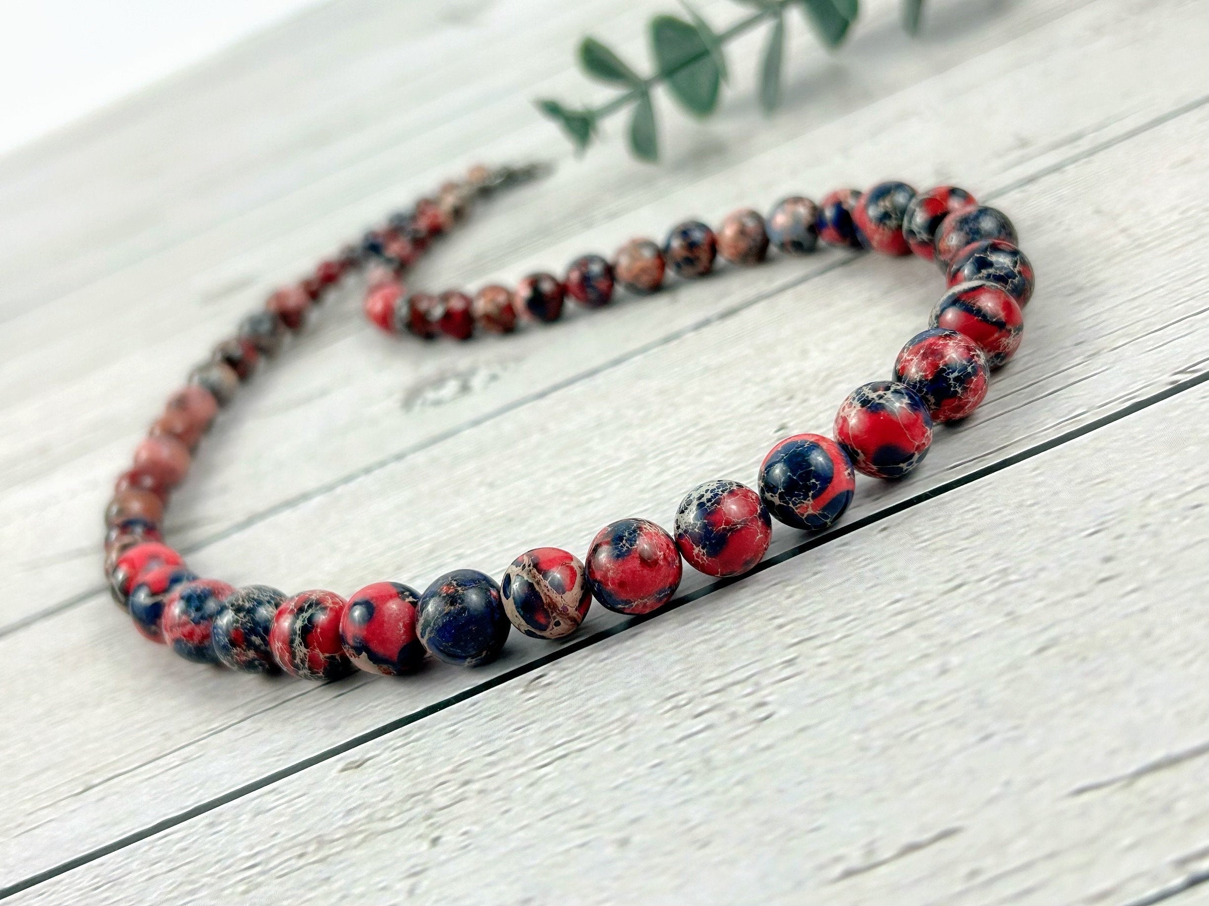 Red and Black Beaded Necklace, Imperial Jasper Necklace, Lady Bug Necklace, Natural Stone Necklace, Necklace Gift for Her