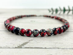 Red and Black Beaded Necklace, Imperial Jasper Necklace, Lady Bug Necklace, Natural Stone Necklace, Necklace Gift for Her