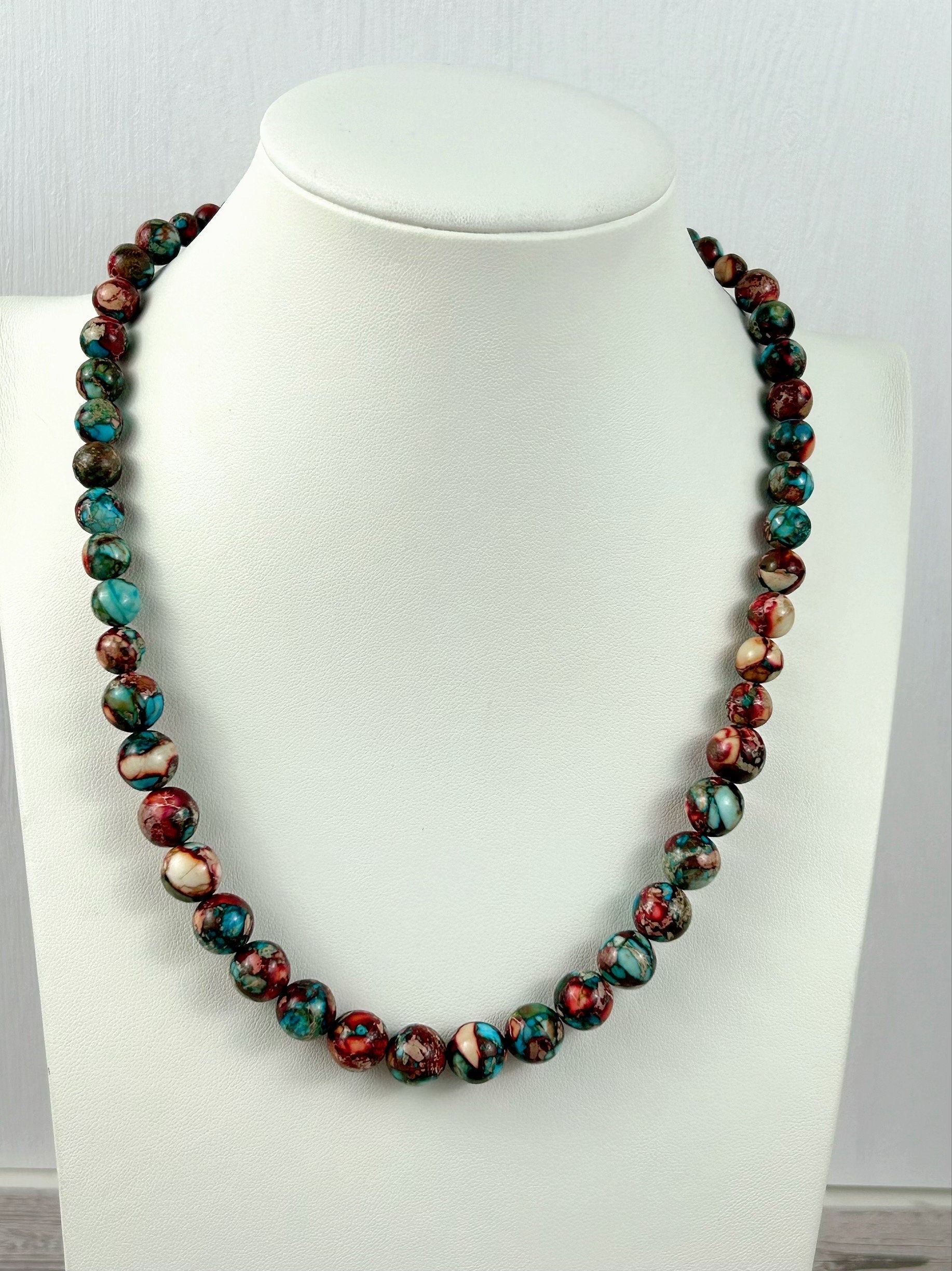 Imperial Jasper Necklace, Multicolor Beaded Necklace, Natural Stone Necklace, Necklace Gift for Her, Gemstone Jewelry, Blue Vibrant Necklace
