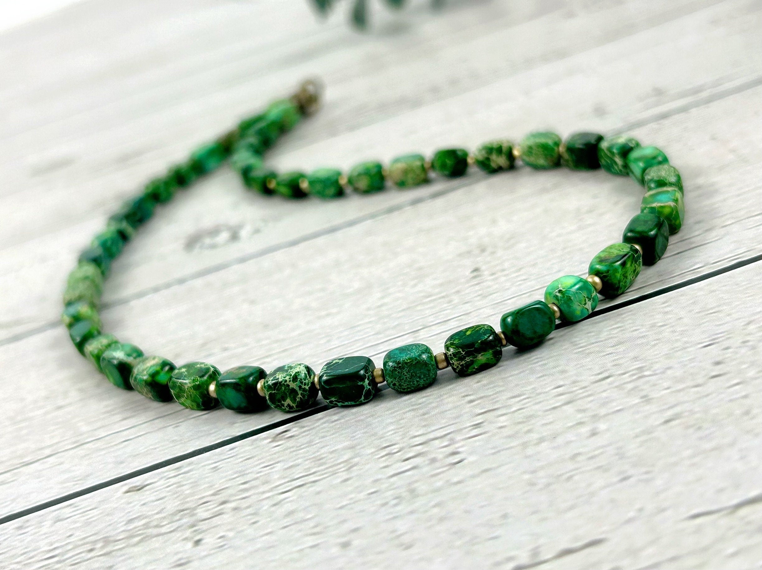 Green Beaded Necklace, Imperial Jasper Necklace, Choker Necklace, Gift for Mom, Gemstone Necklace, Gemstone Jewelry, Handmade Gift for Her