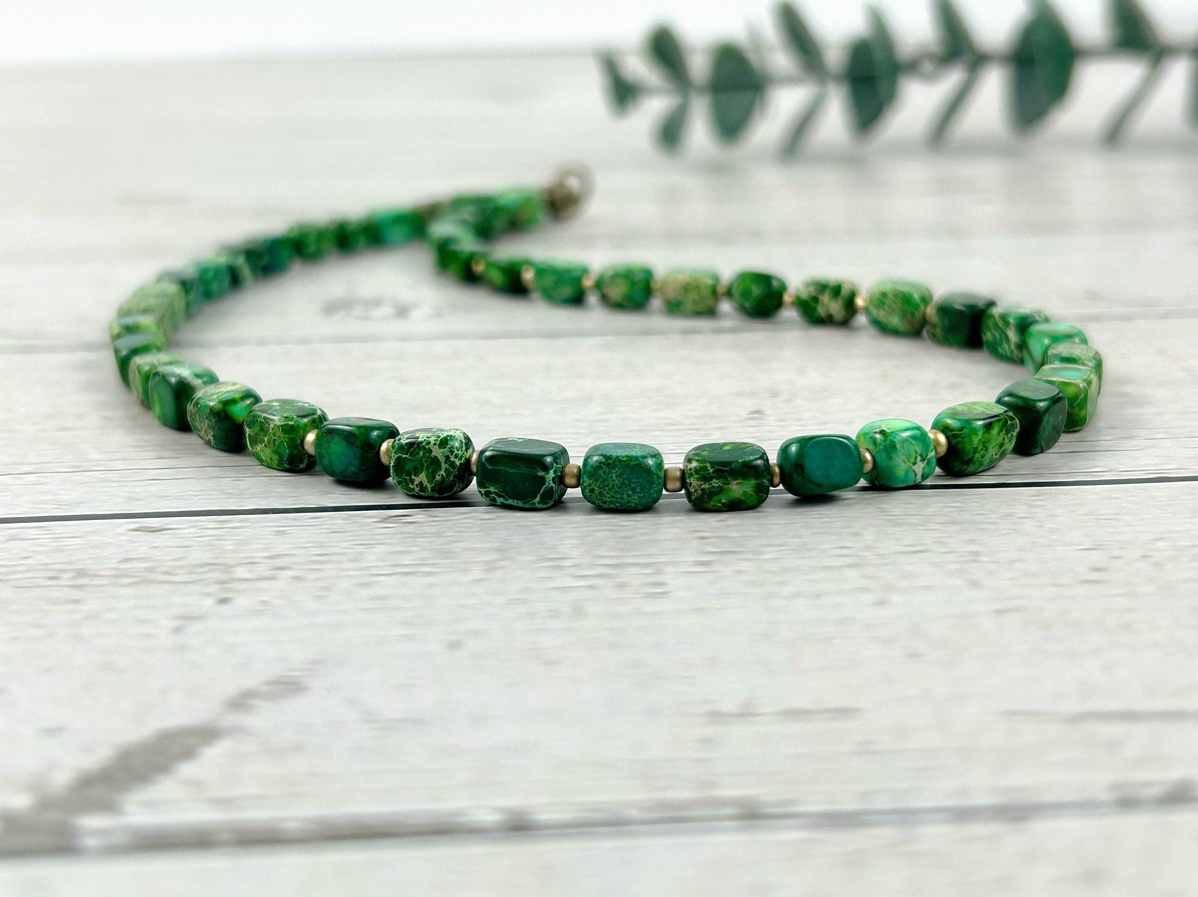Green Beaded Necklace, Imperial Jasper Necklace, Choker Necklace, Gift for Mom, Gemstone Necklace, Gemstone Jewelry, Handmade Gift for Her