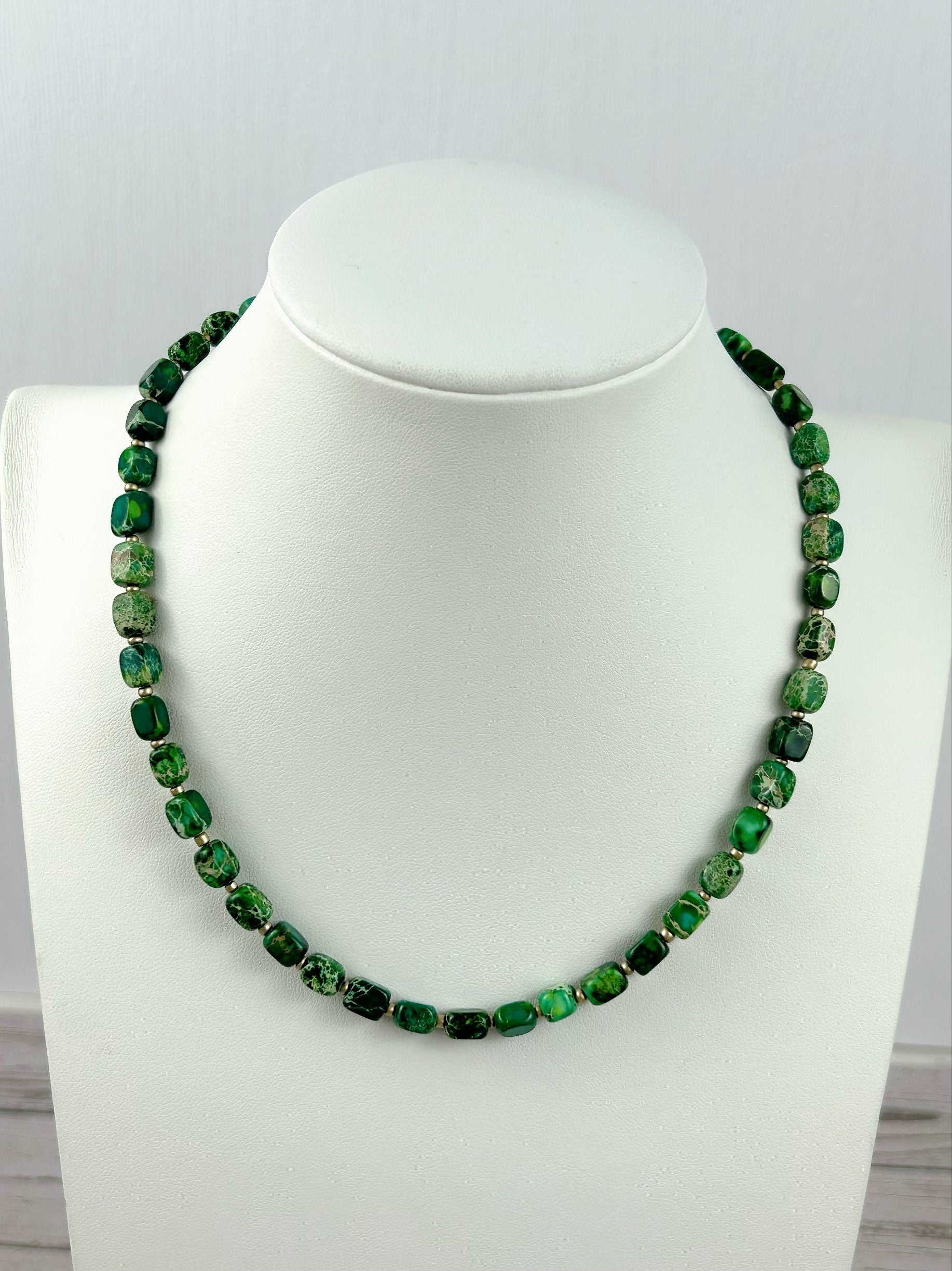 Green Beaded Necklace, Imperial Jasper Necklace, Choker Necklace, Gift for Mom, Gemstone Necklace, Gemstone Jewelry, Handmade Gift for Her