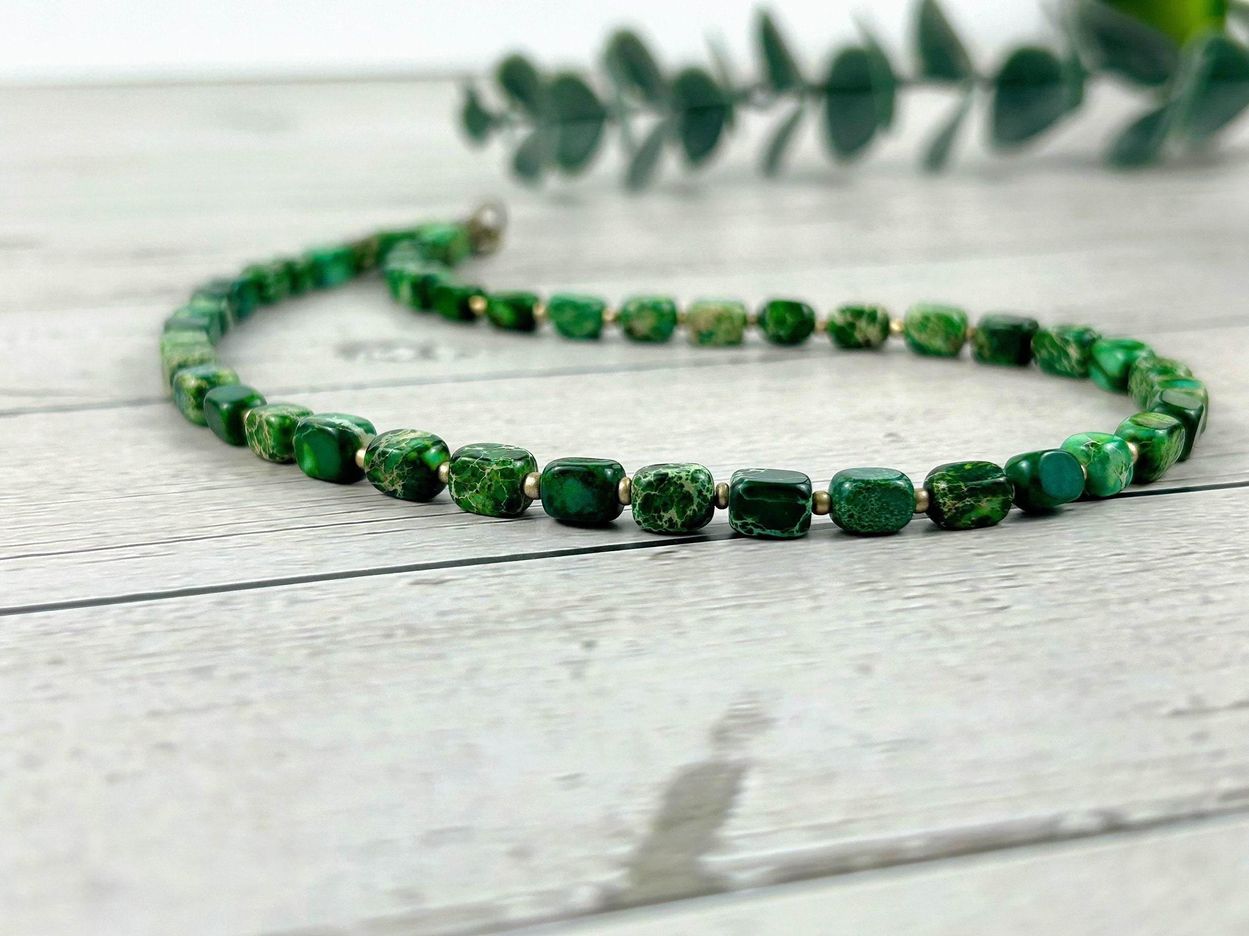 Green Beaded Necklace, Imperial Jasper Necklace, Choker Necklace, Gift for Mom, Gemstone Necklace, Gemstone Jewelry, Handmade Gift for Her