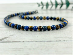 Lapis Lazuli Necklace, Tigers Eye Necklace, Beaded Necklace, Natural Stone Necklace Gift for Him, Protection Jewelry, Grounding,Gift for Her